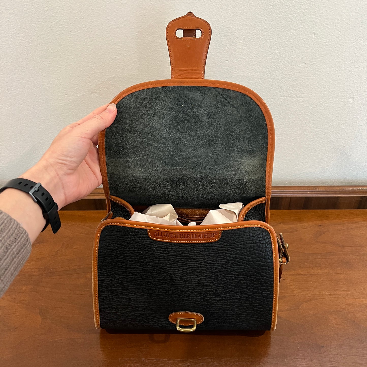 Vintage 1990s Dooney & Bourke All Weather Leather Medium Essex Bag in Black with British Tan Trim