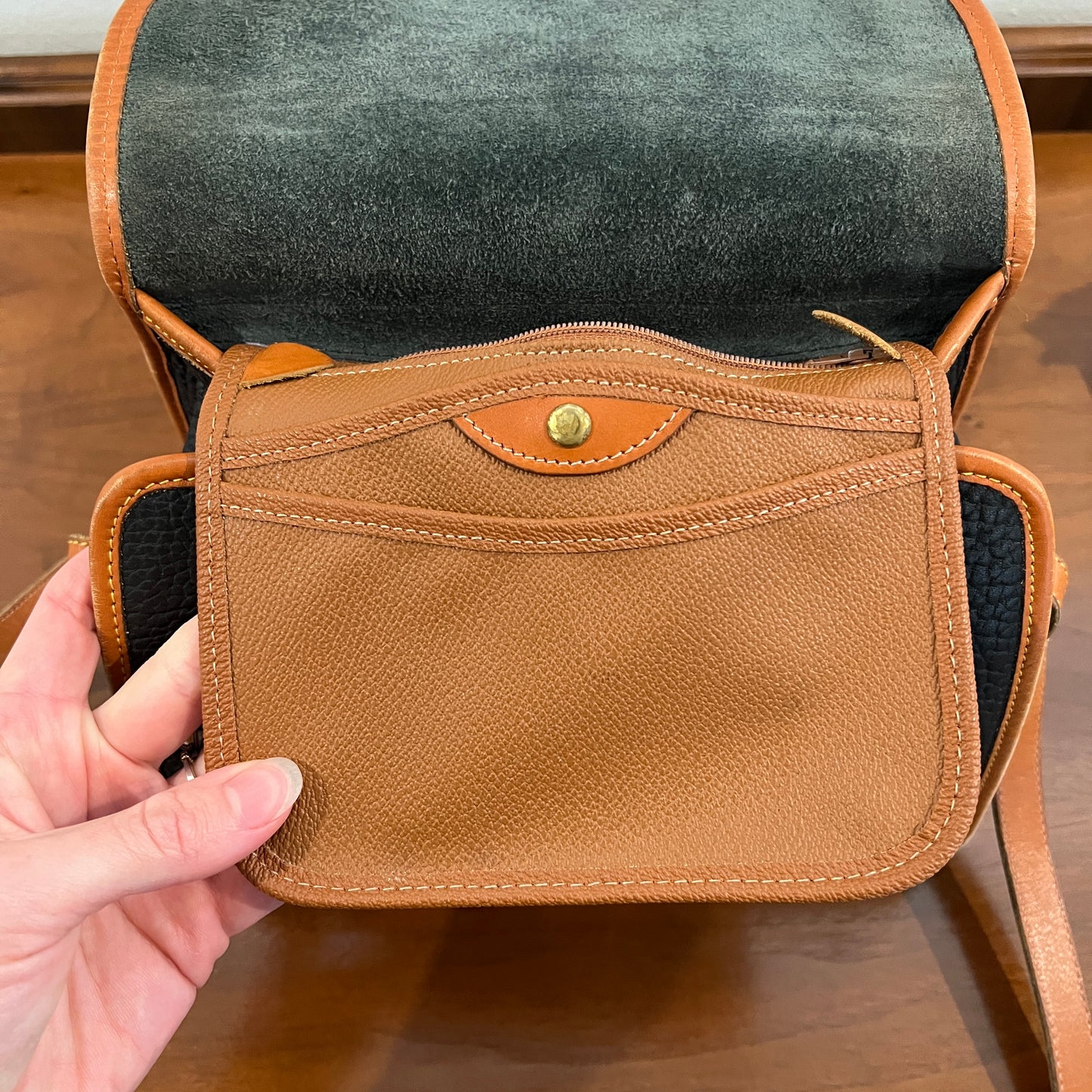 Vintage 1990s Dooney & Bourke All Weather Leather Medium Essex Bag in Black with British Tan Trim