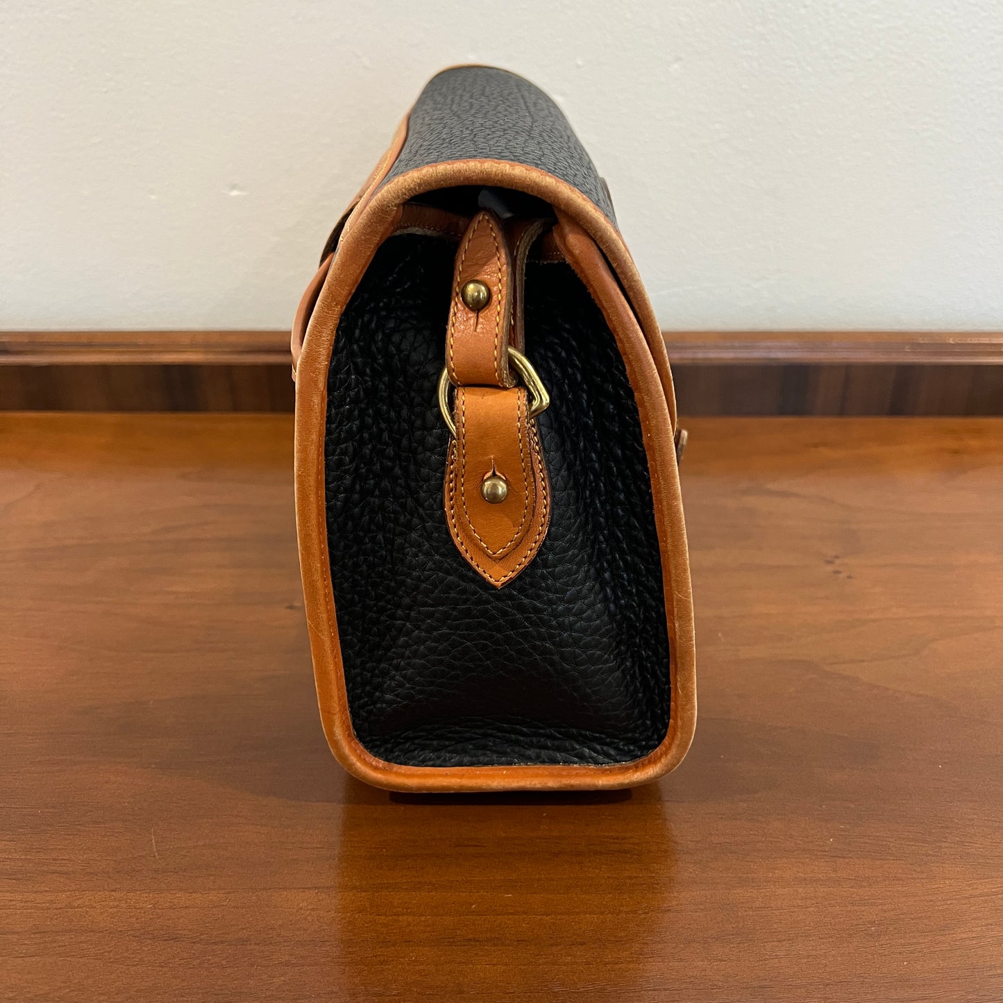 Vintage 1990s Dooney & Bourke All Weather Leather Medium Essex Bag in Black with British Tan Trim