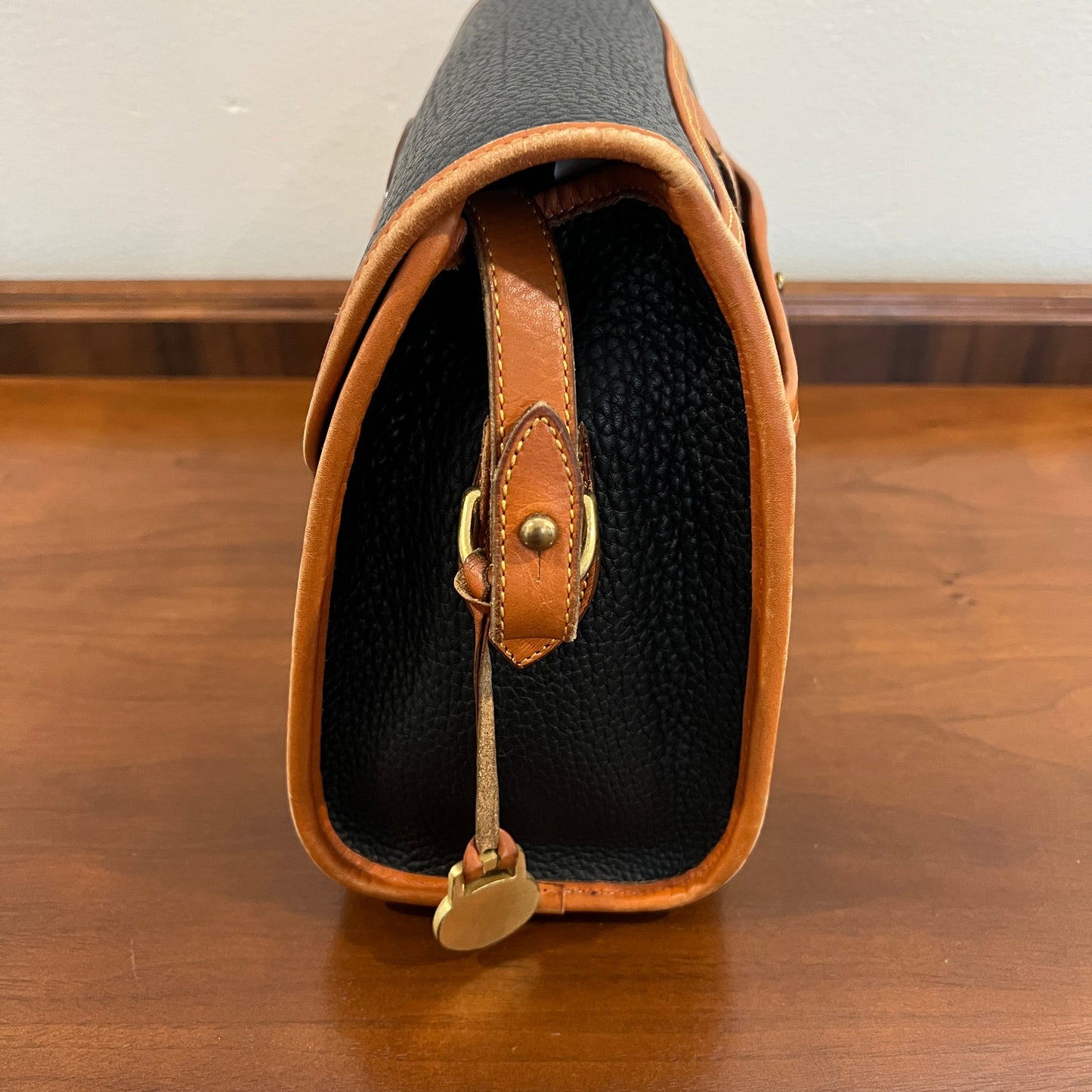 Vintage 1990s Dooney & Bourke All Weather Leather Medium Essex Bag in Black with British Tan Trim