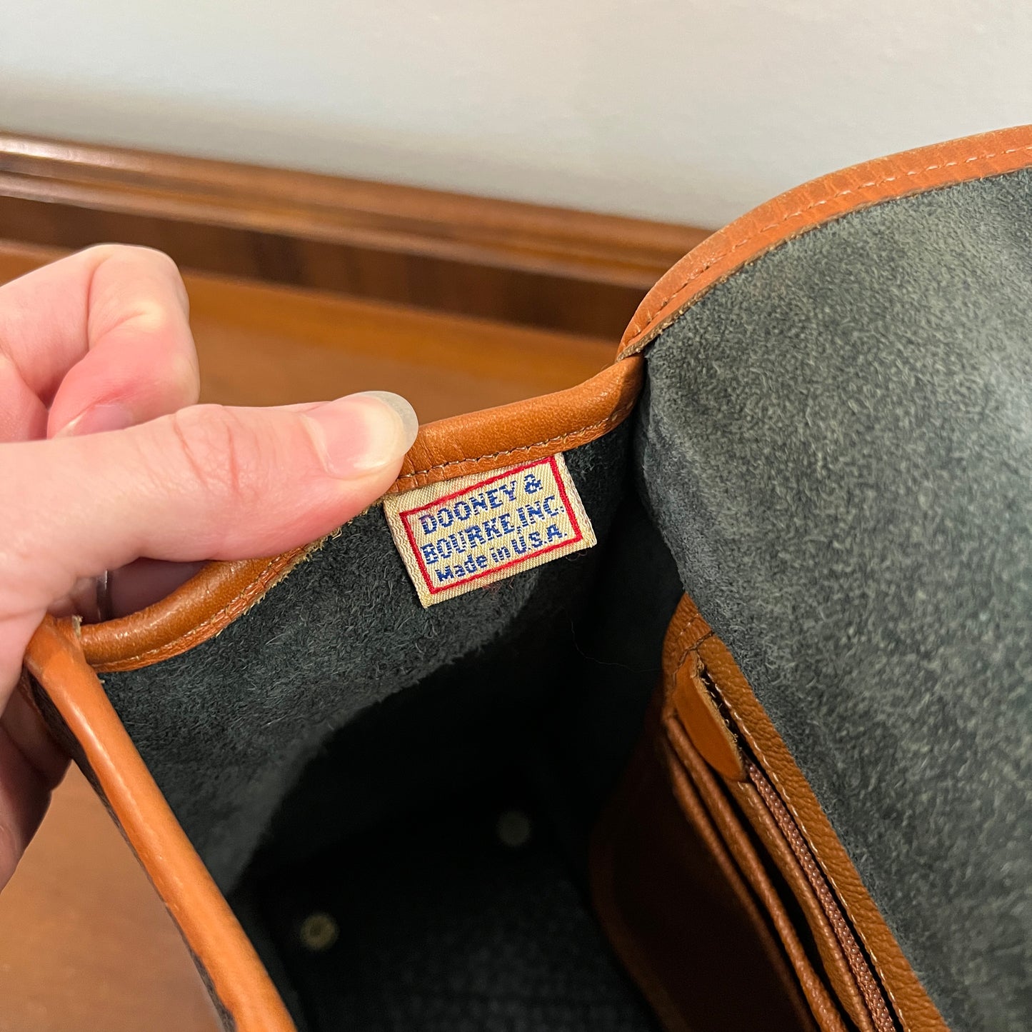 Vintage 1990s Dooney & Bourke All Weather Leather Medium Essex Bag in Black with British Tan Trim