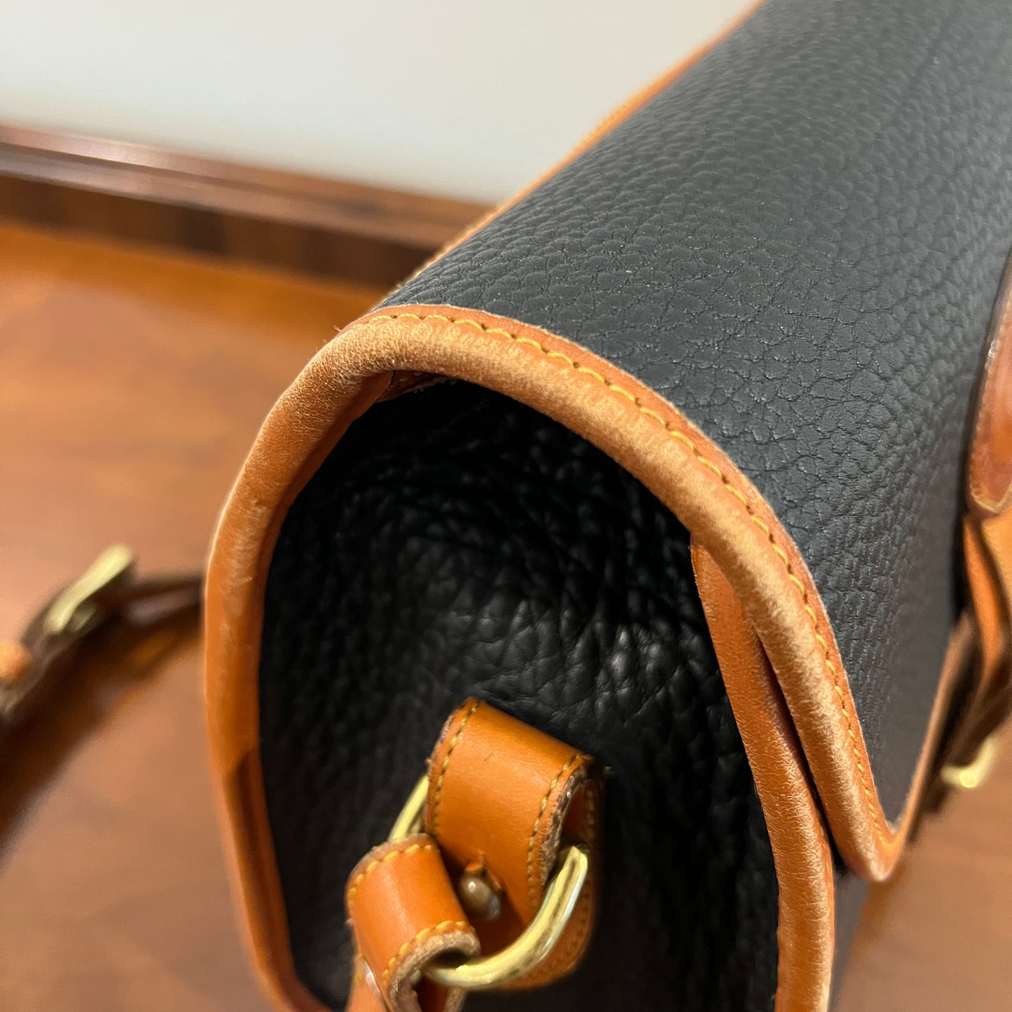 Vintage 1990s Dooney & Bourke All Weather Leather Medium Essex Bag in Black with British Tan Trim