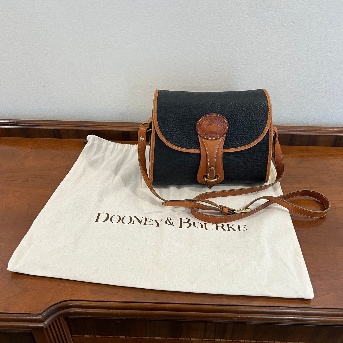 Vintage 1990s Dooney & Bourke All Weather Leather Medium Essex Bag in Black with British Tan Trim