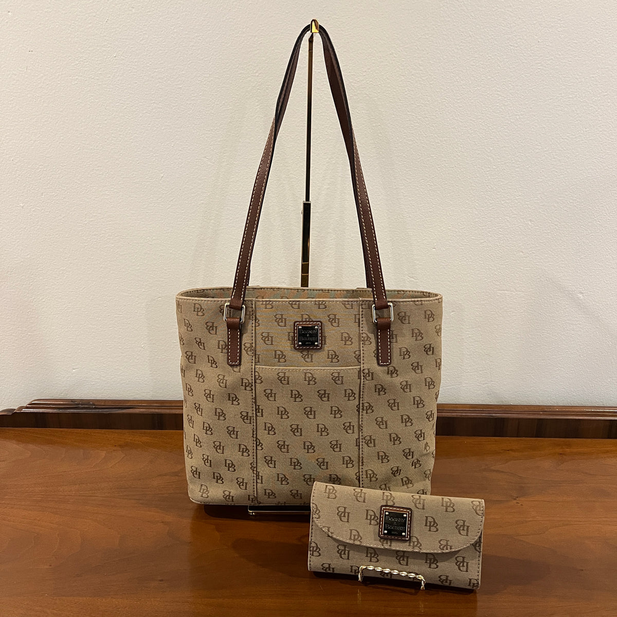 Vintage Y2K Dooney & Bourke Signature DB Monogram Canvas Small Lexington Tote and Continental Clutch