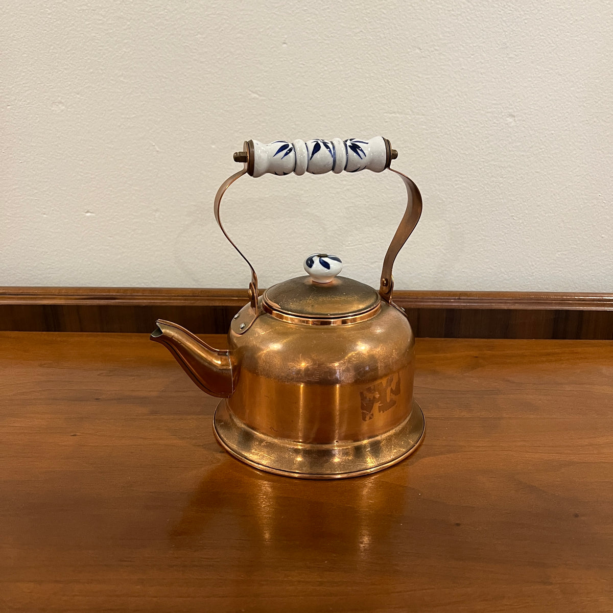 Vintage Daewoo Copper Tea Kettle with Delft Blue and White Porcelain Handle