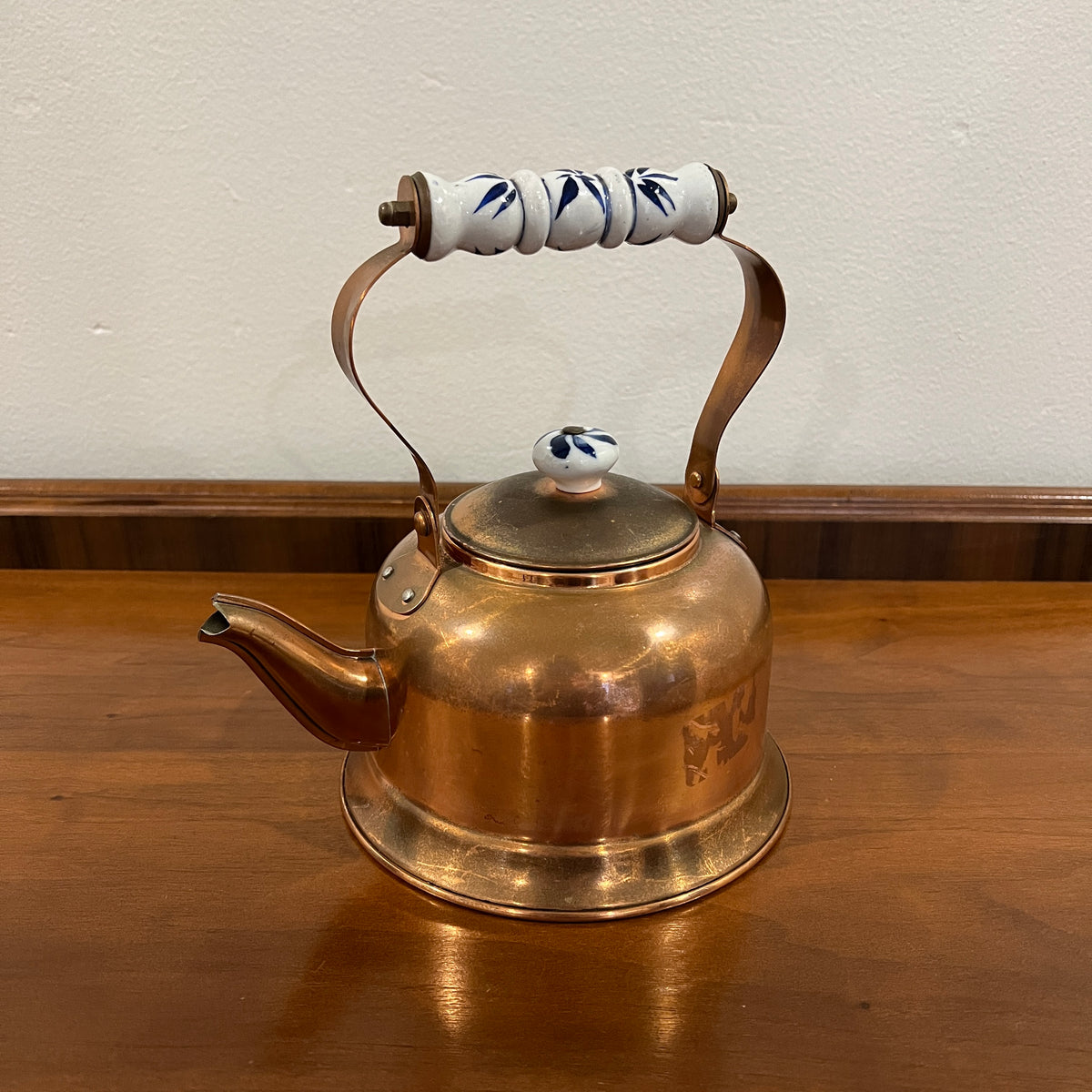 Vintage Daewoo Copper Tea Kettle with Delft Blue and White Porcelain Handle