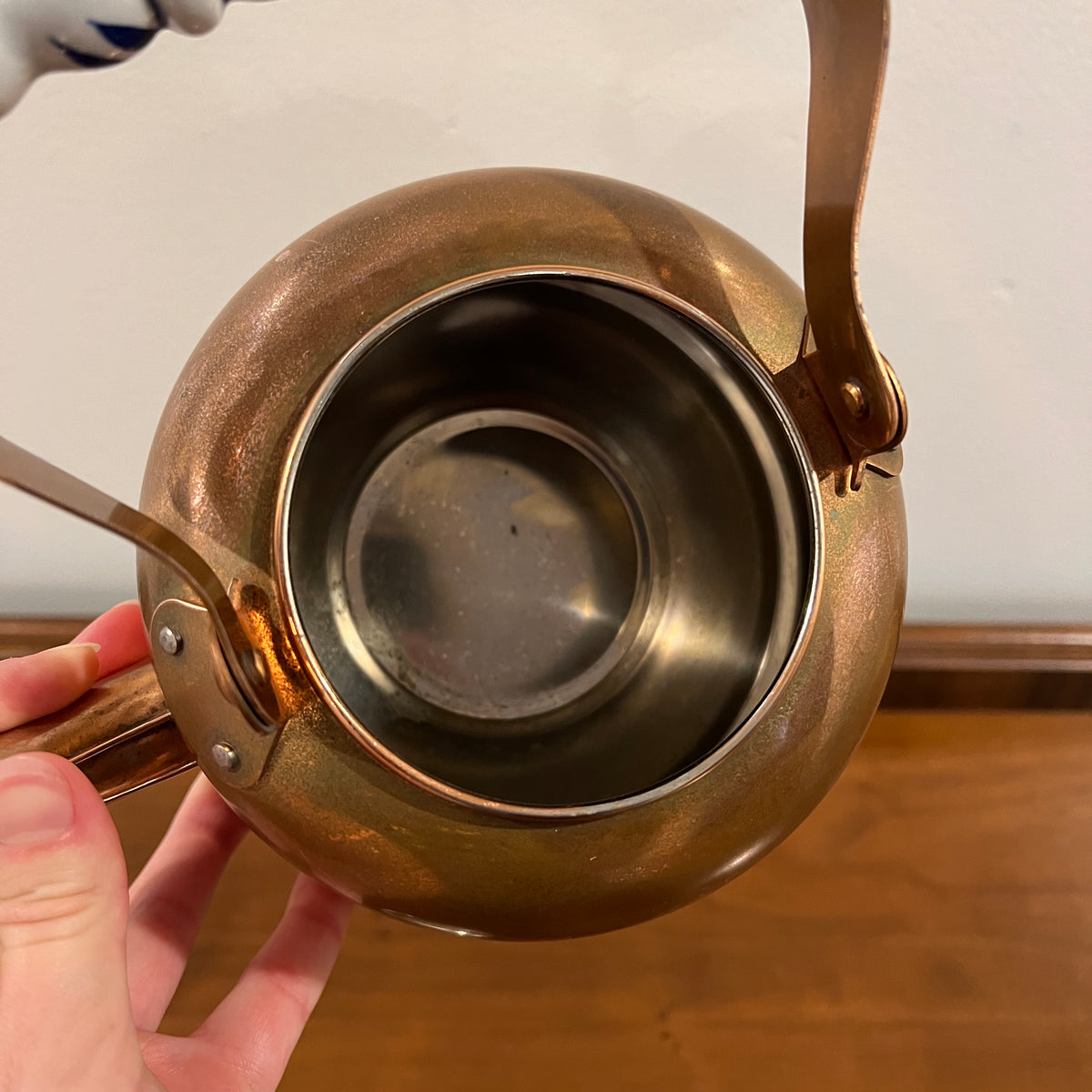 Vintage Daewoo Copper Tea Kettle with Delft Blue and White Porcelain Handle