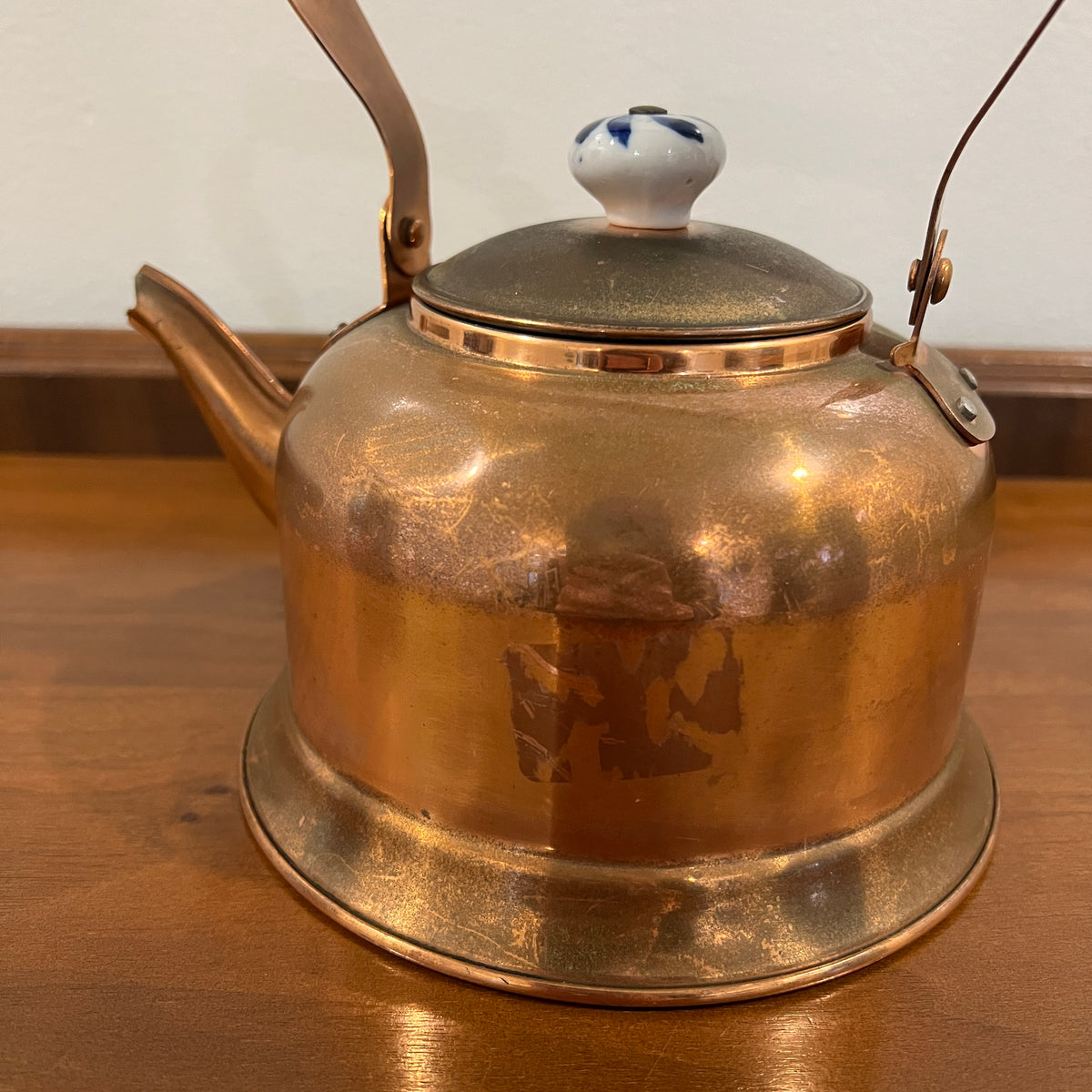 Vintage Daewoo Copper Tea Kettle with Delft Blue and White Porcelain Handle