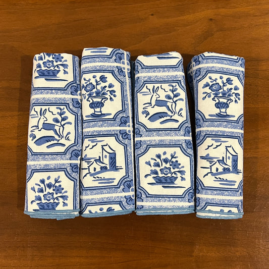 Set of 4 Vintage Delft Blue Tile Cloth Napkins