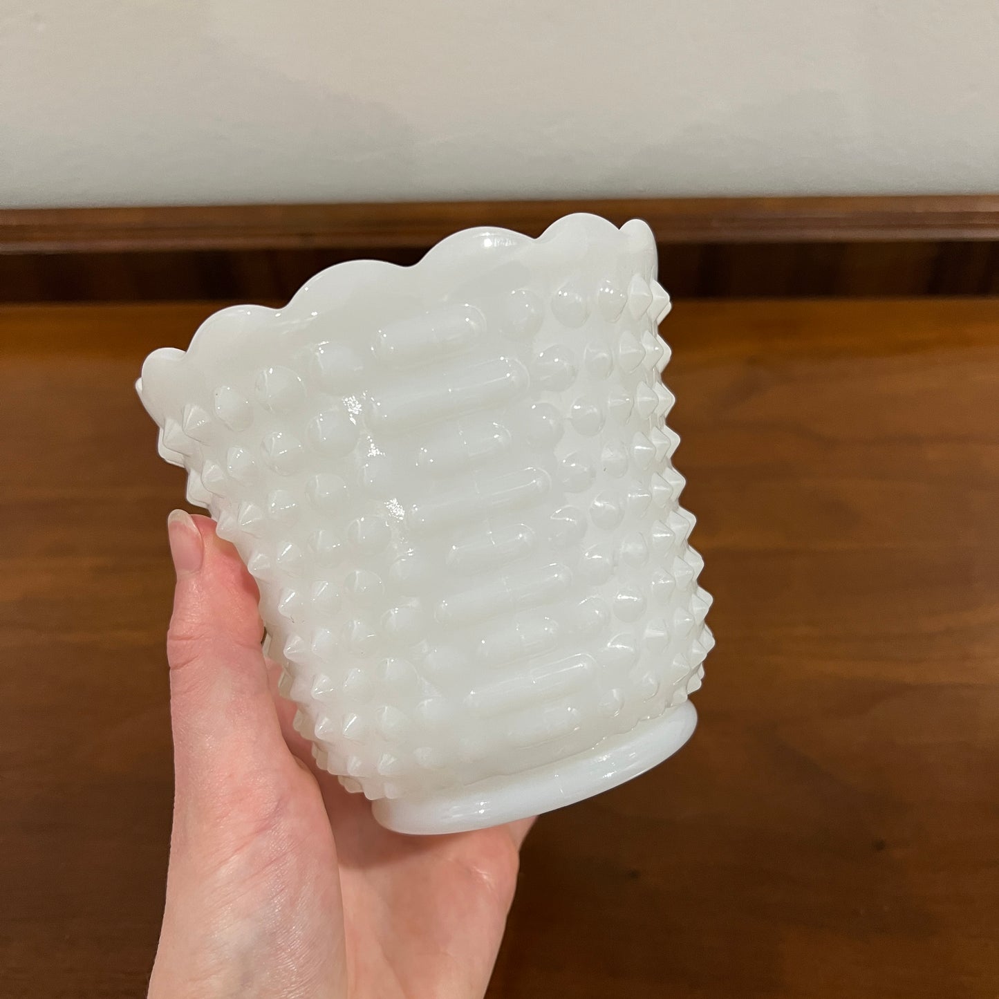 Vintage Fire King by Anchor Hocking Hobnail Milk Glass, Wide Scallop Edged 4.5" Planter