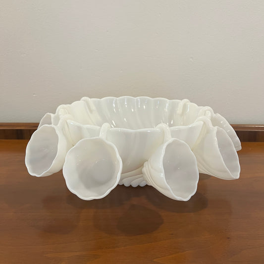 Vintage Hazel Atlas Swirled Alpine White Milk Glass Punch Bowl Set