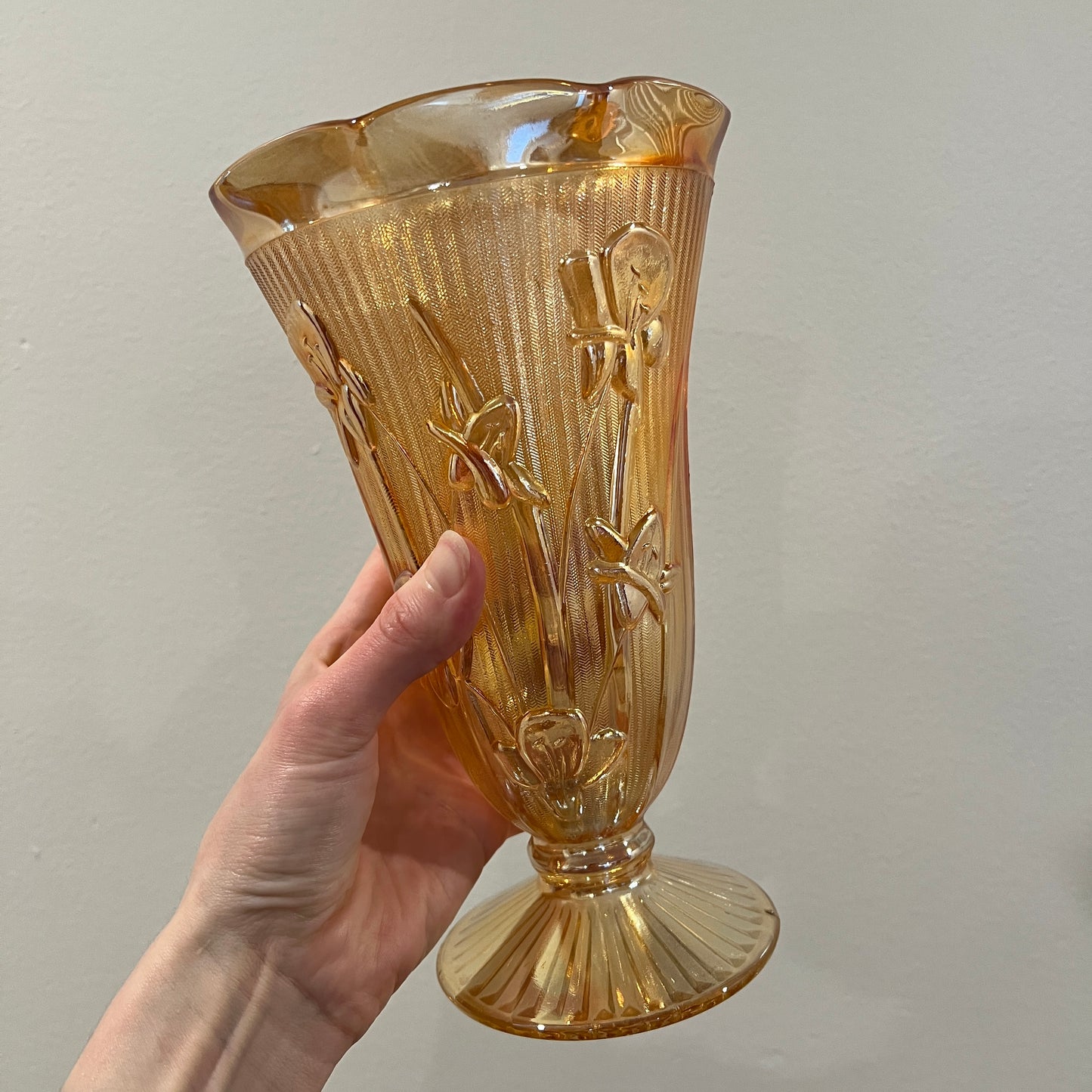 Vintage Jeanette Glass Iris and Herringbone Marigold Iridescent 9" Vase