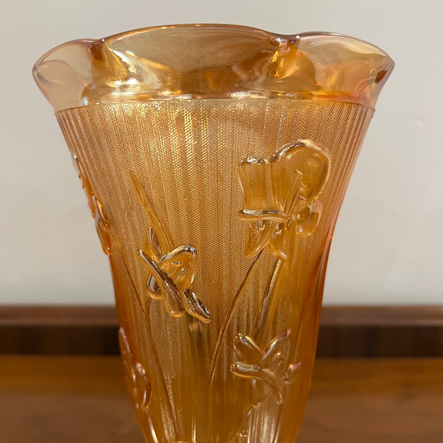 Vintage Jeanette Glass Iris and Herringbone Marigold Iridescent 9" Vase