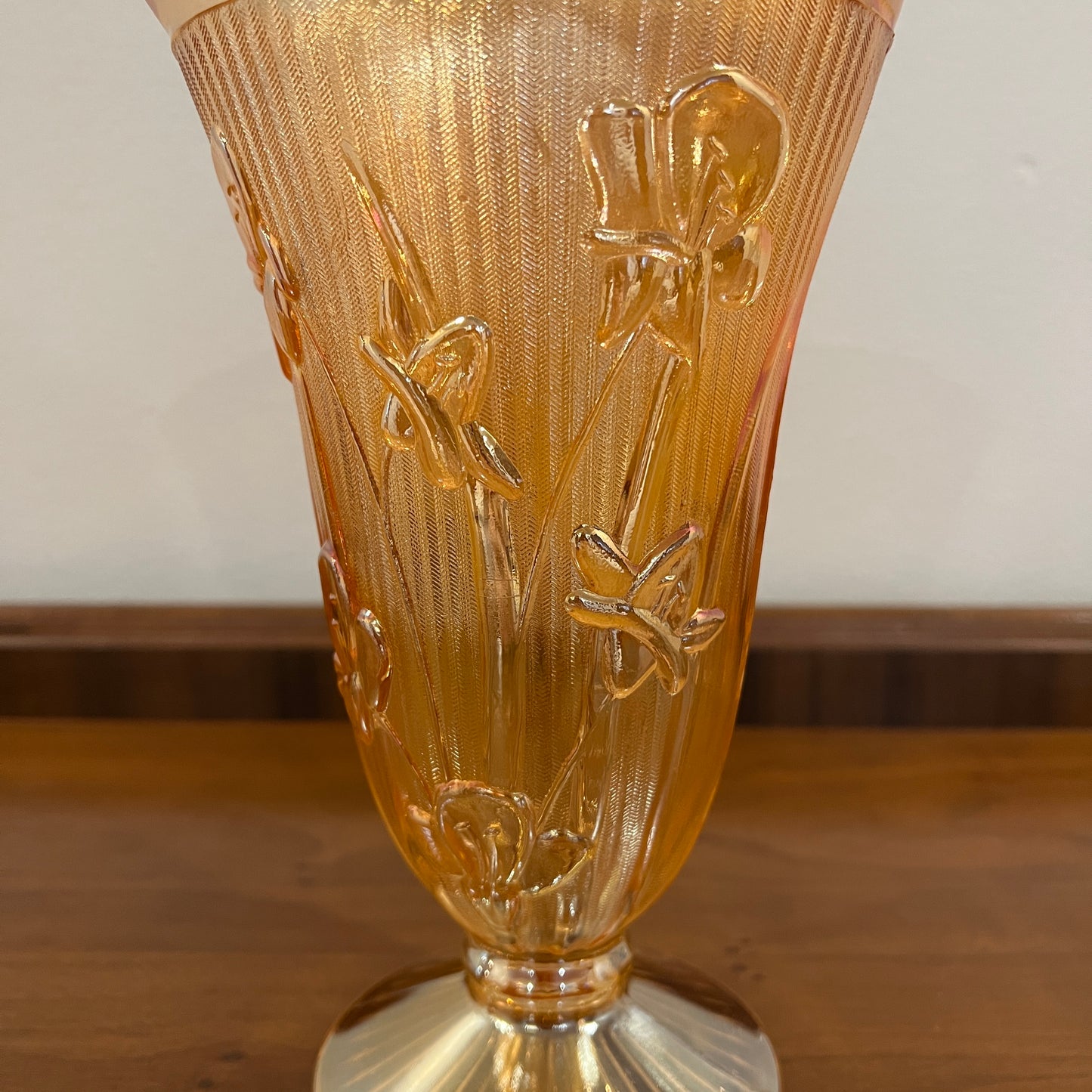 Vintage Jeanette Glass Iris and Herringbone Marigold Iridescent 9" Vase