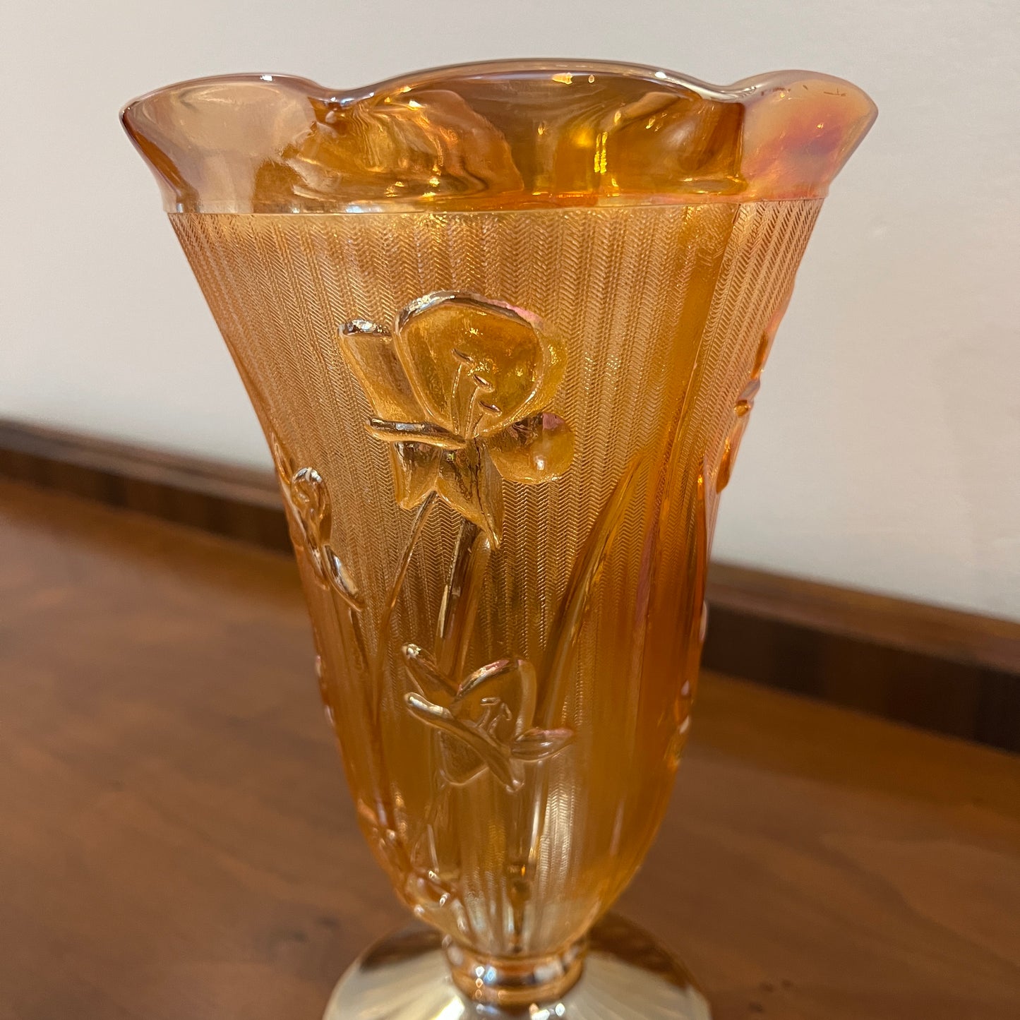 Vintage Jeanette Glass Iris and Herringbone Marigold Iridescent 9" Vase