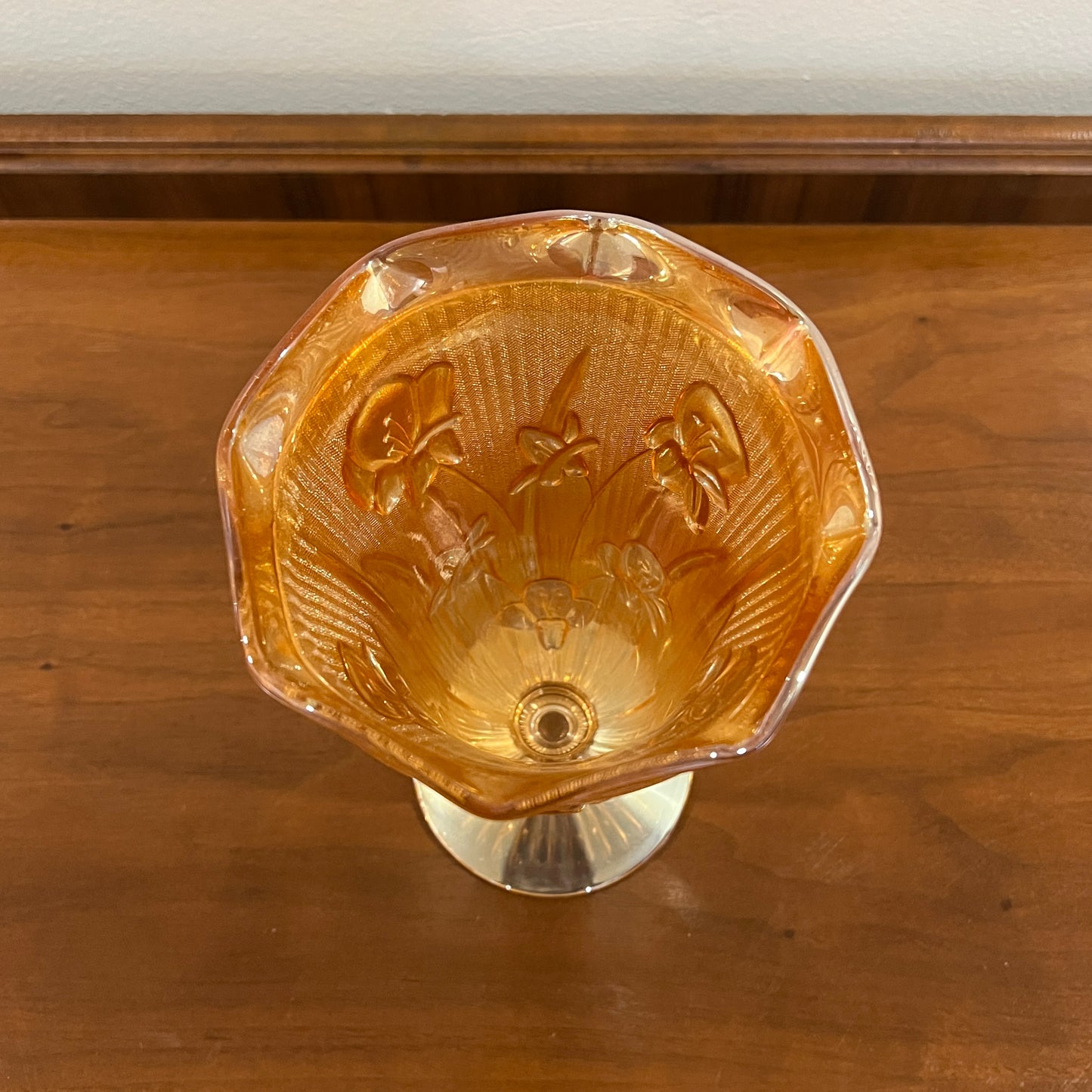 Vintage Jeanette Glass Iris and Herringbone Marigold Iridescent 9" Vase