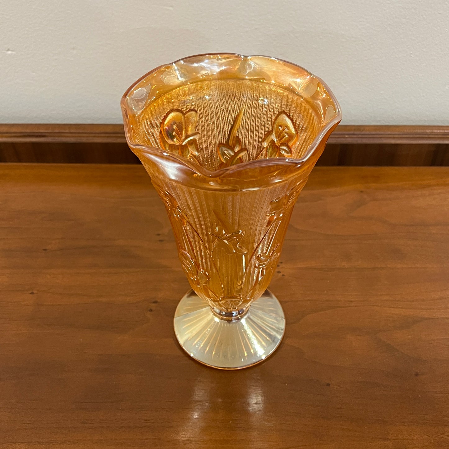 Vintage Jeanette Glass Iris and Herringbone Marigold Iridescent 9" Vase
