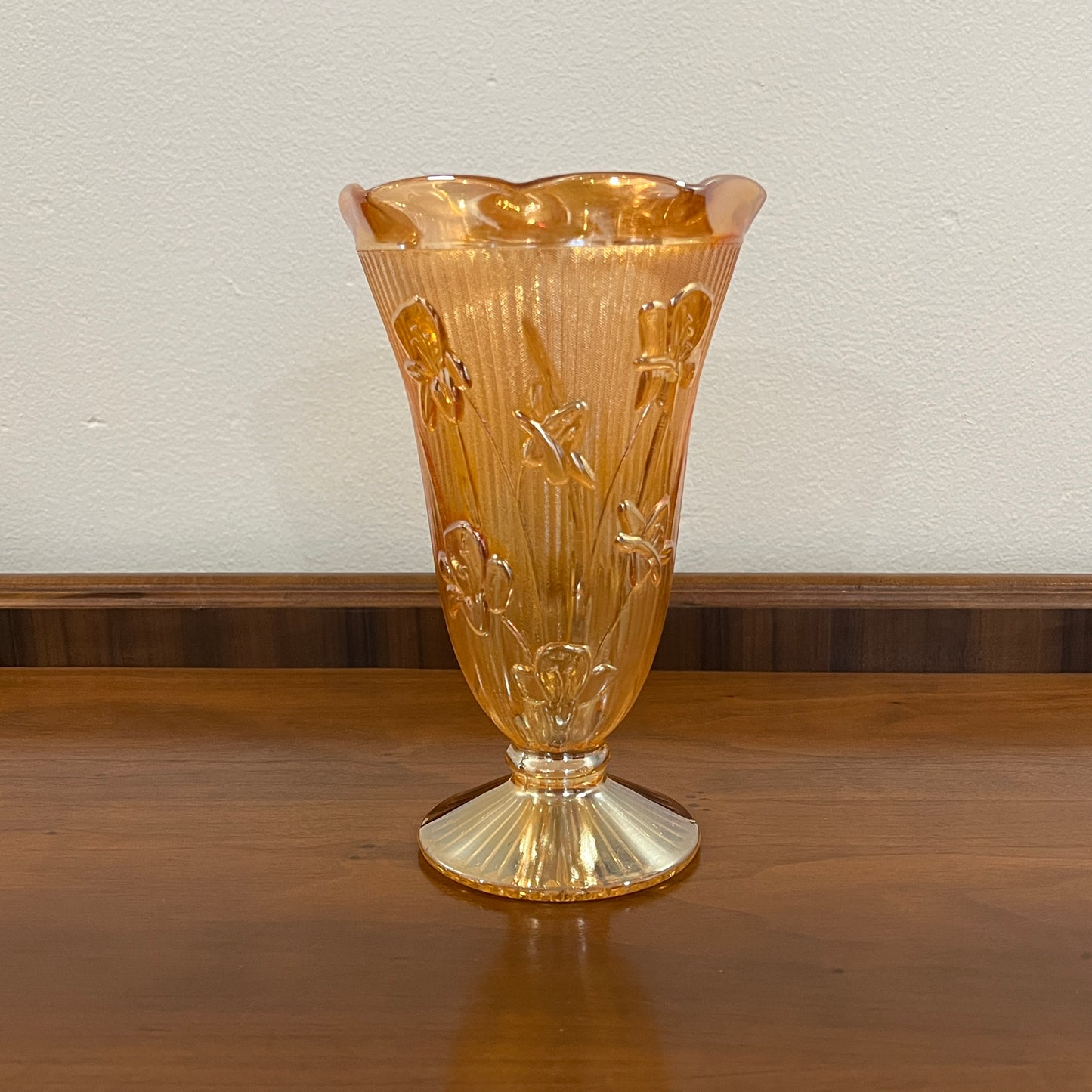 Vintage Jeanette Glass Iris and Herringbone Marigold Iridescent 9" Vase