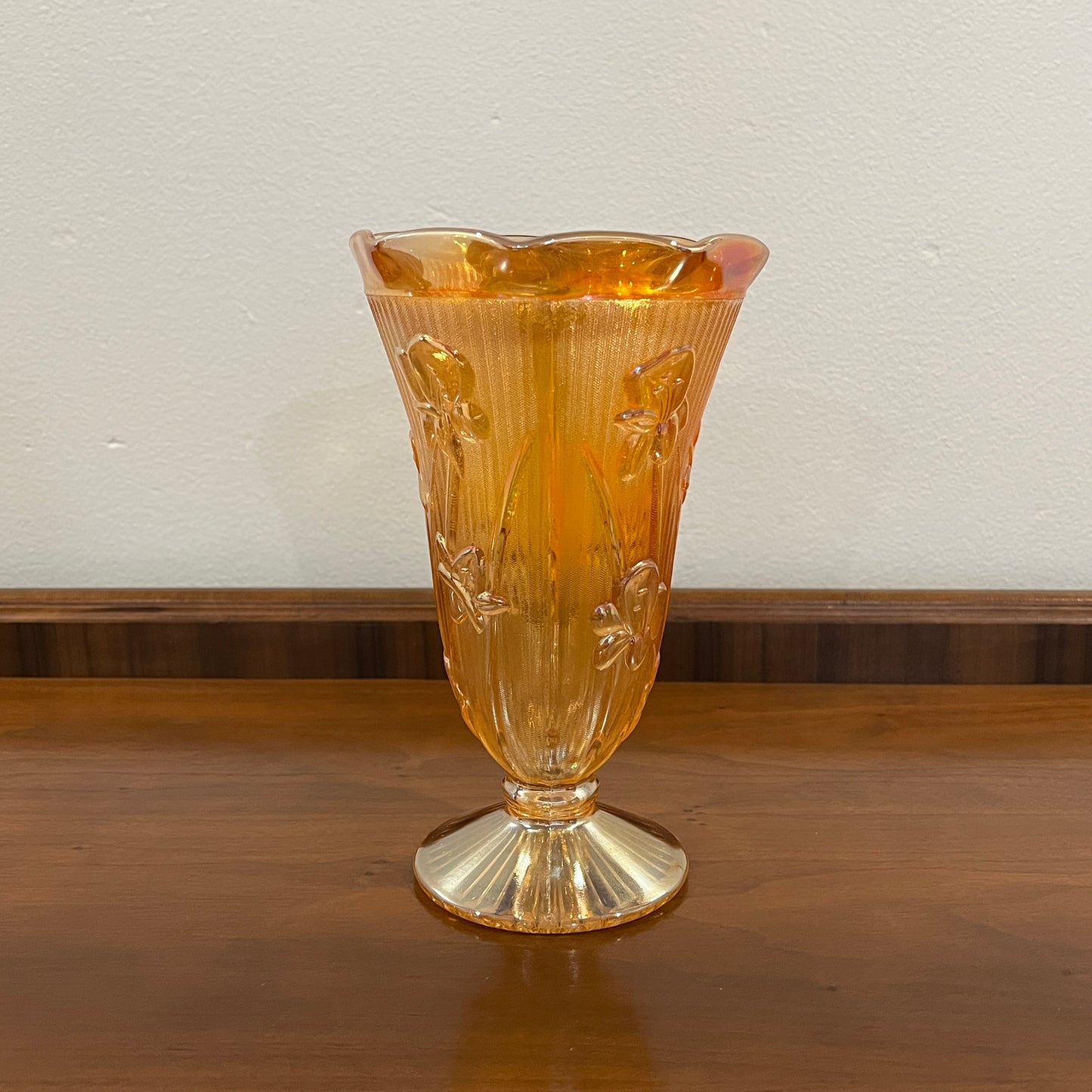 Vintage Jeanette Glass Iris and Herringbone Marigold Iridescent 9" Vase
