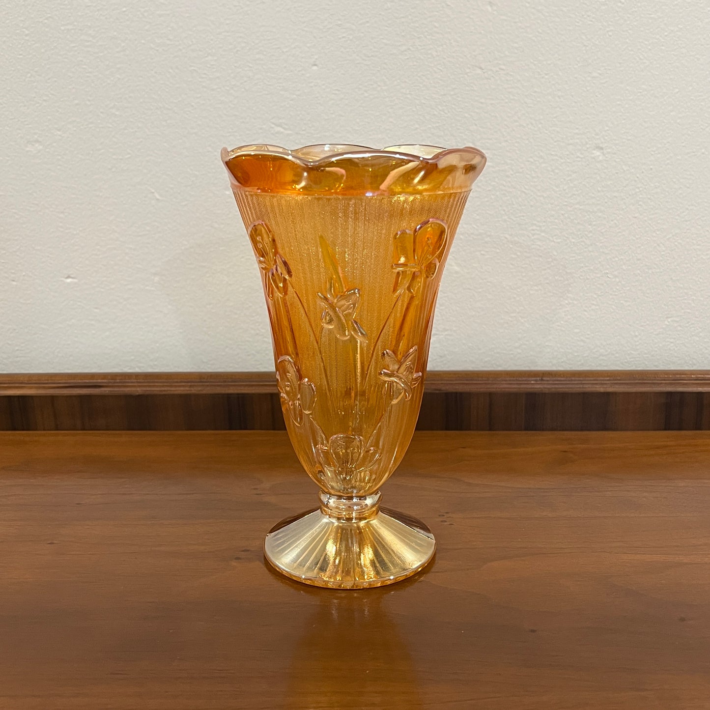 Vintage Jeanette Glass Iris and Herringbone Marigold Iridescent 9" Vase