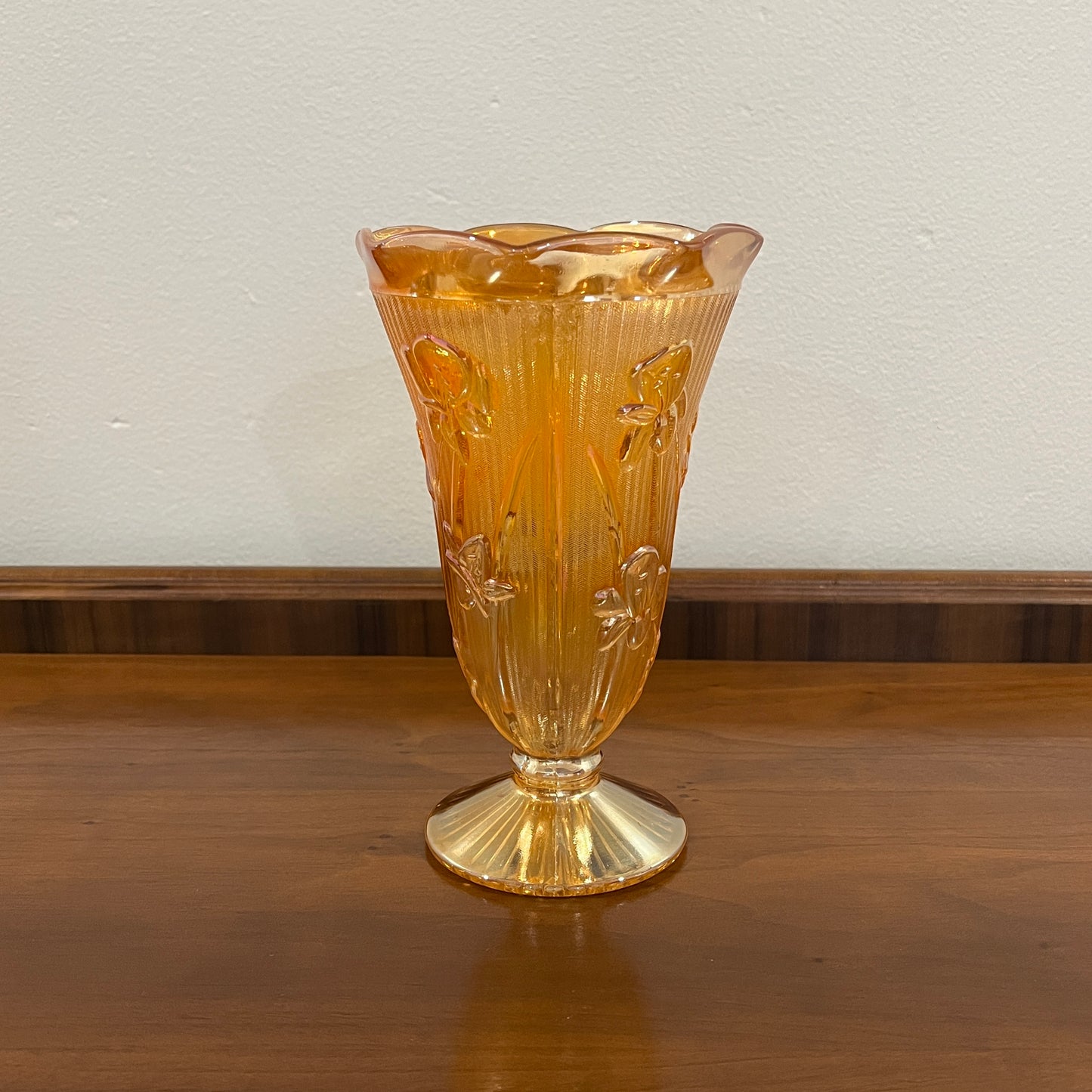 Vintage Jeanette Glass Iris and Herringbone Marigold Iridescent 9" Vase
