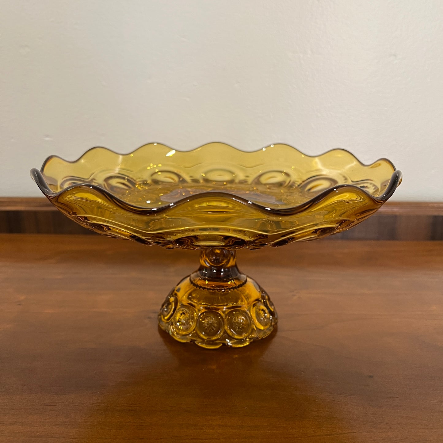 Vintage L.E. Smith Glass Moon and Star Amber Round Compote (or Cake Stand)