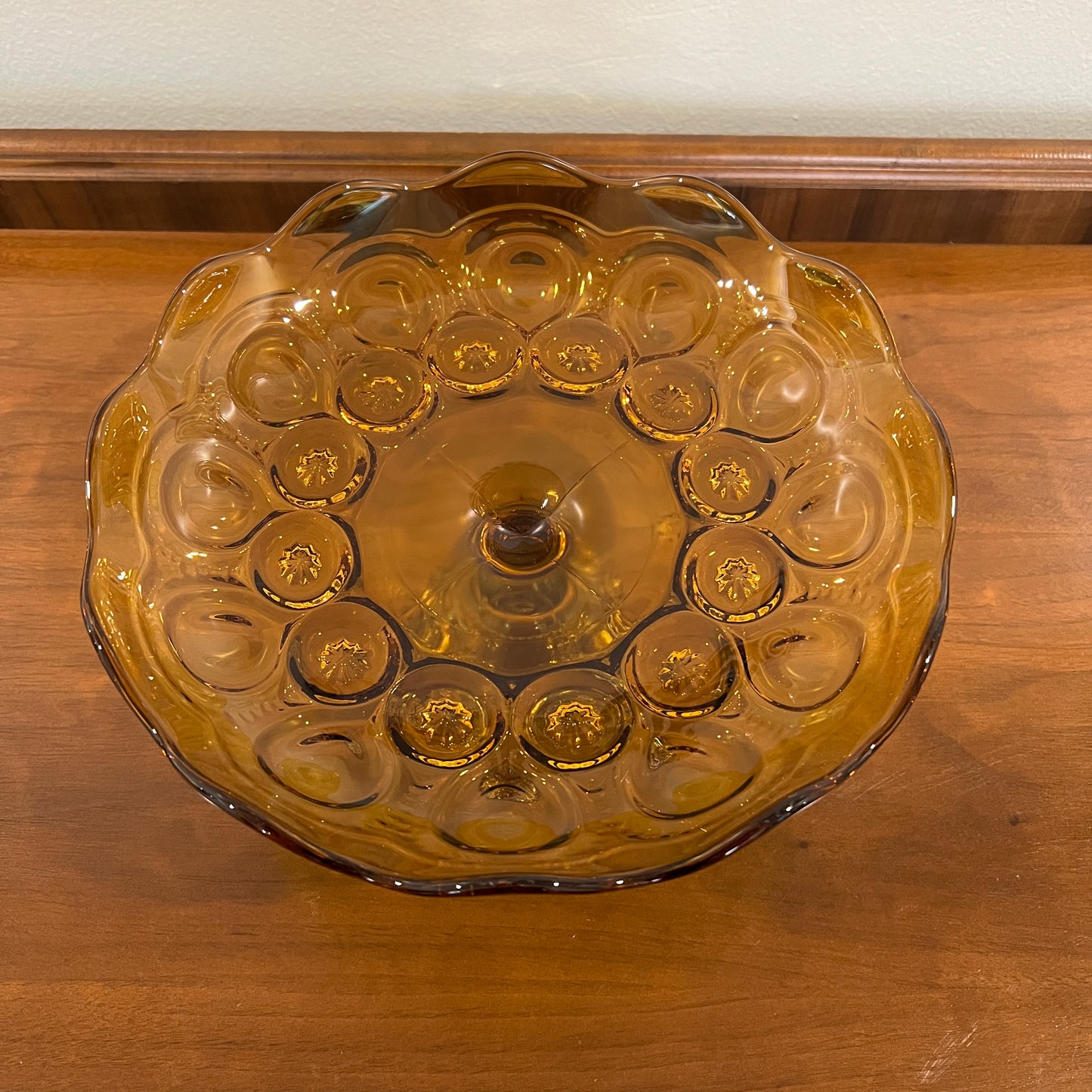 Vintage L.E. Smith Glass Moon and Star Amber Round Compote (or Cake Stand)