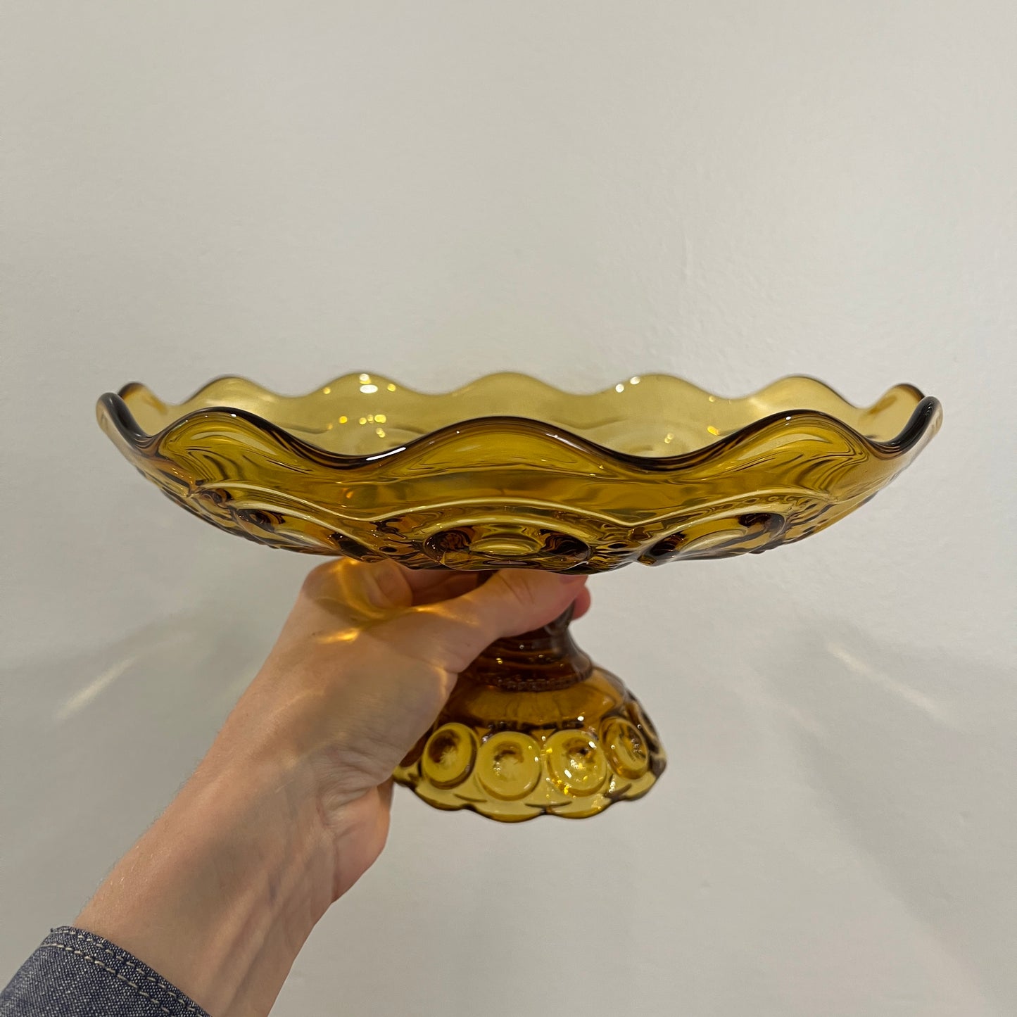 Vintage L.E. Smith Glass Moon and Star Amber Round Compote (or Cake Stand)