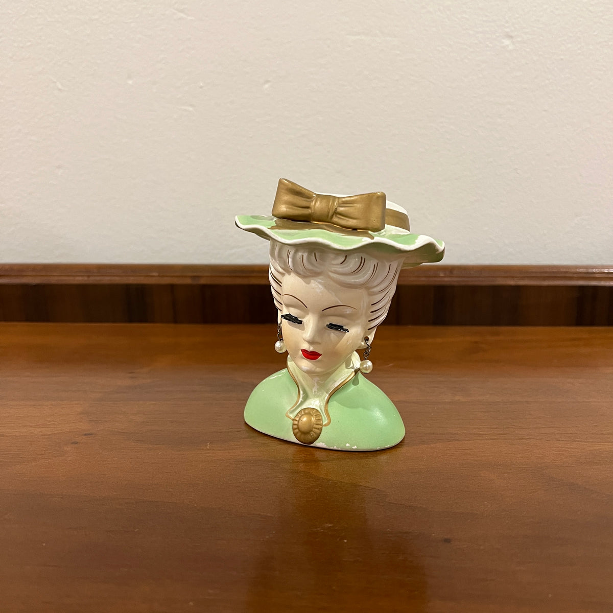 Vintage Lee Wards Lady Head Vase, Green with Pearl Earrings