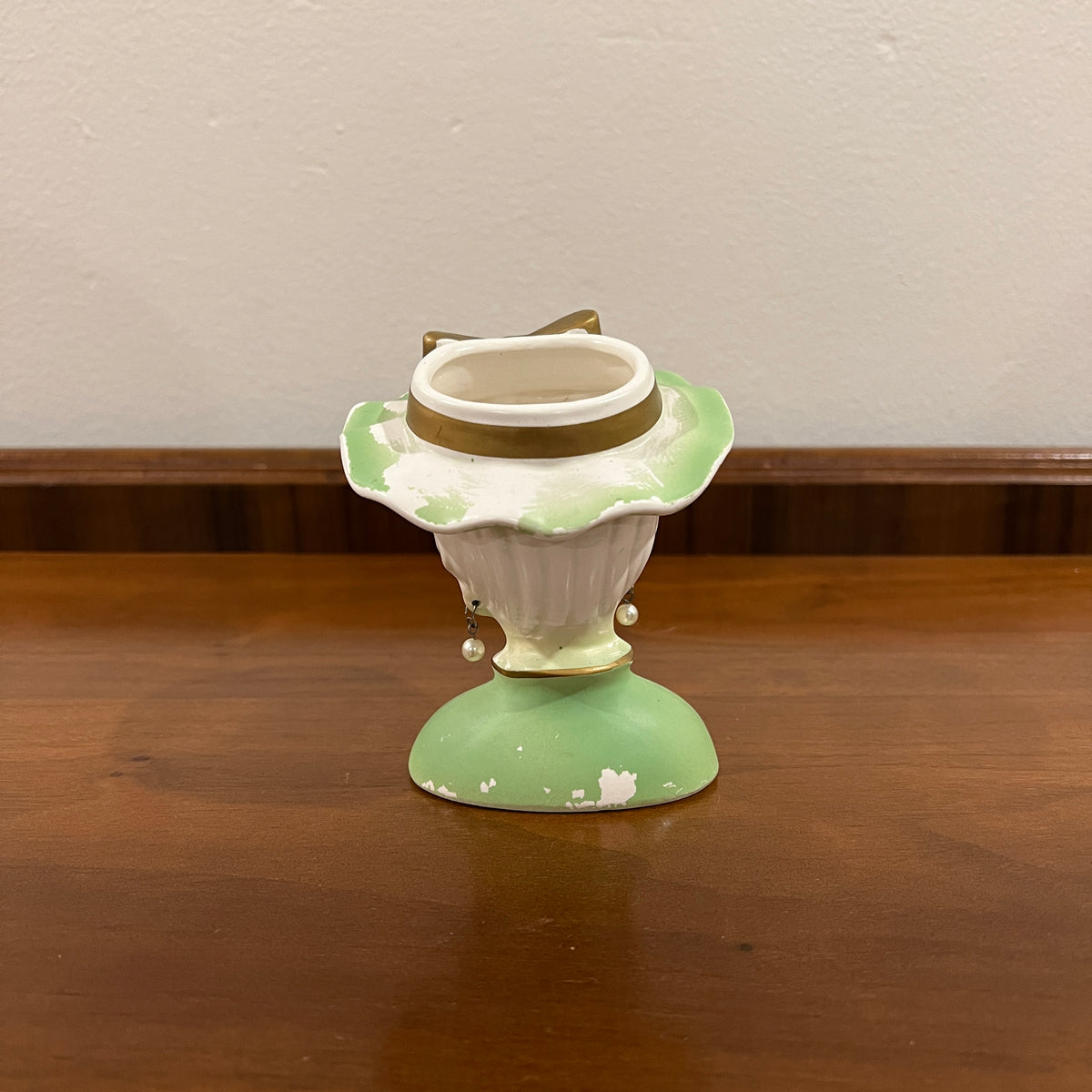Vintage Lee Wards Lady Head Vase, Green with Pearl Earrings