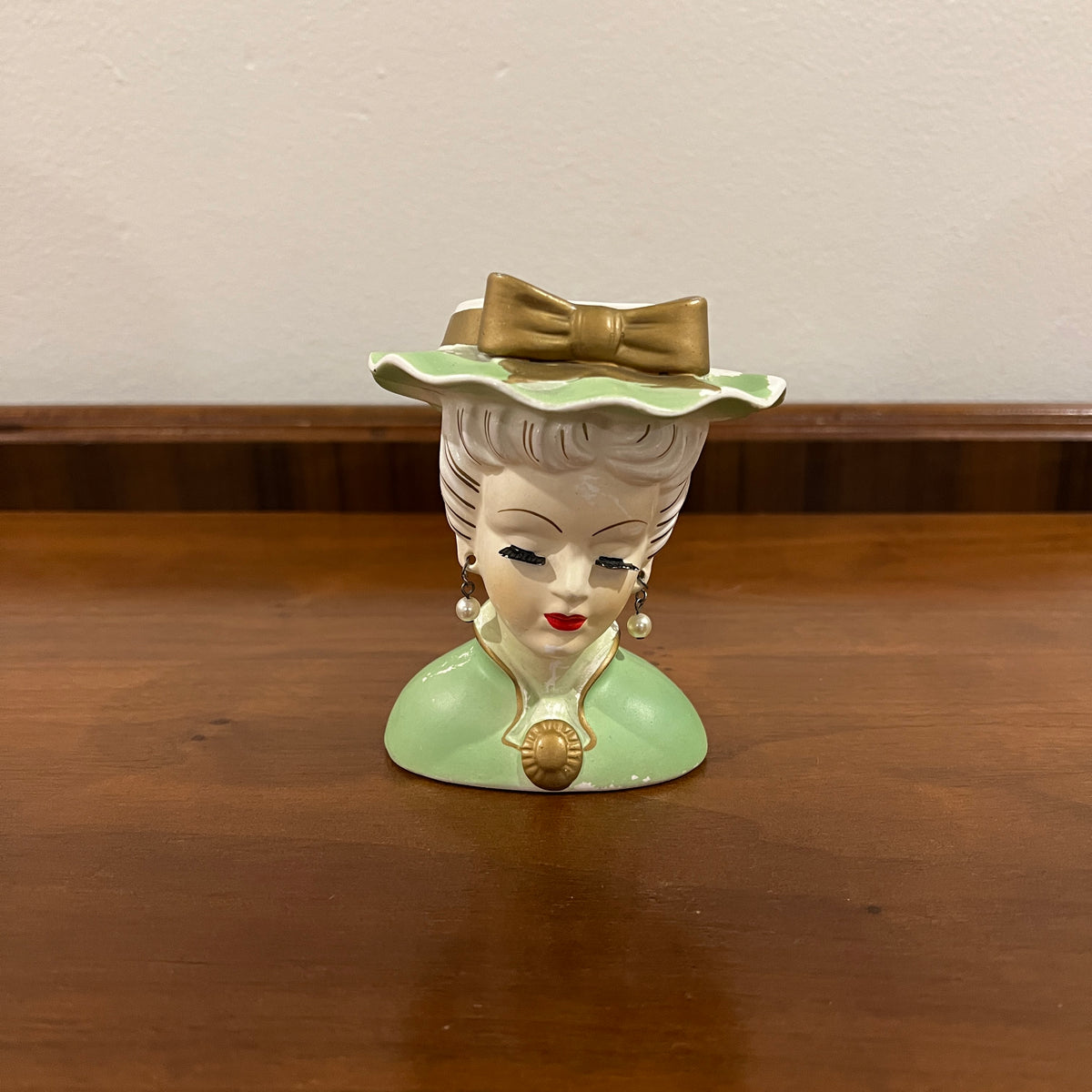 Vintage Lee Wards Lady Head Vase, Green with Pearl Earrings