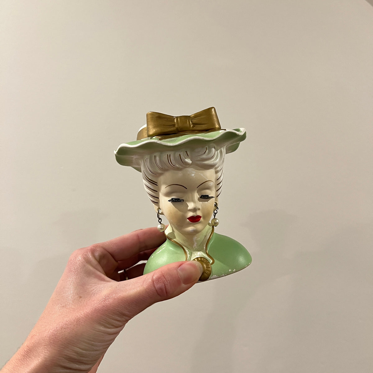 Vintage Lee Wards Lady Head Vase, Green with Pearl Earrings