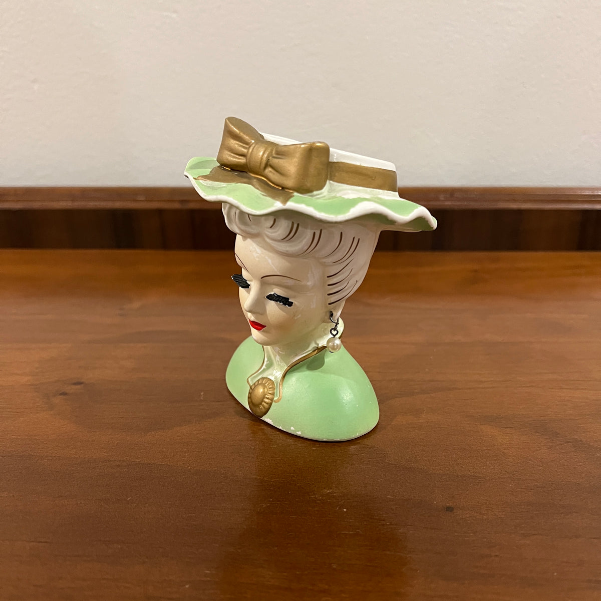 Vintage Lee Wards Lady Head Vase, Green with Pearl Earrings