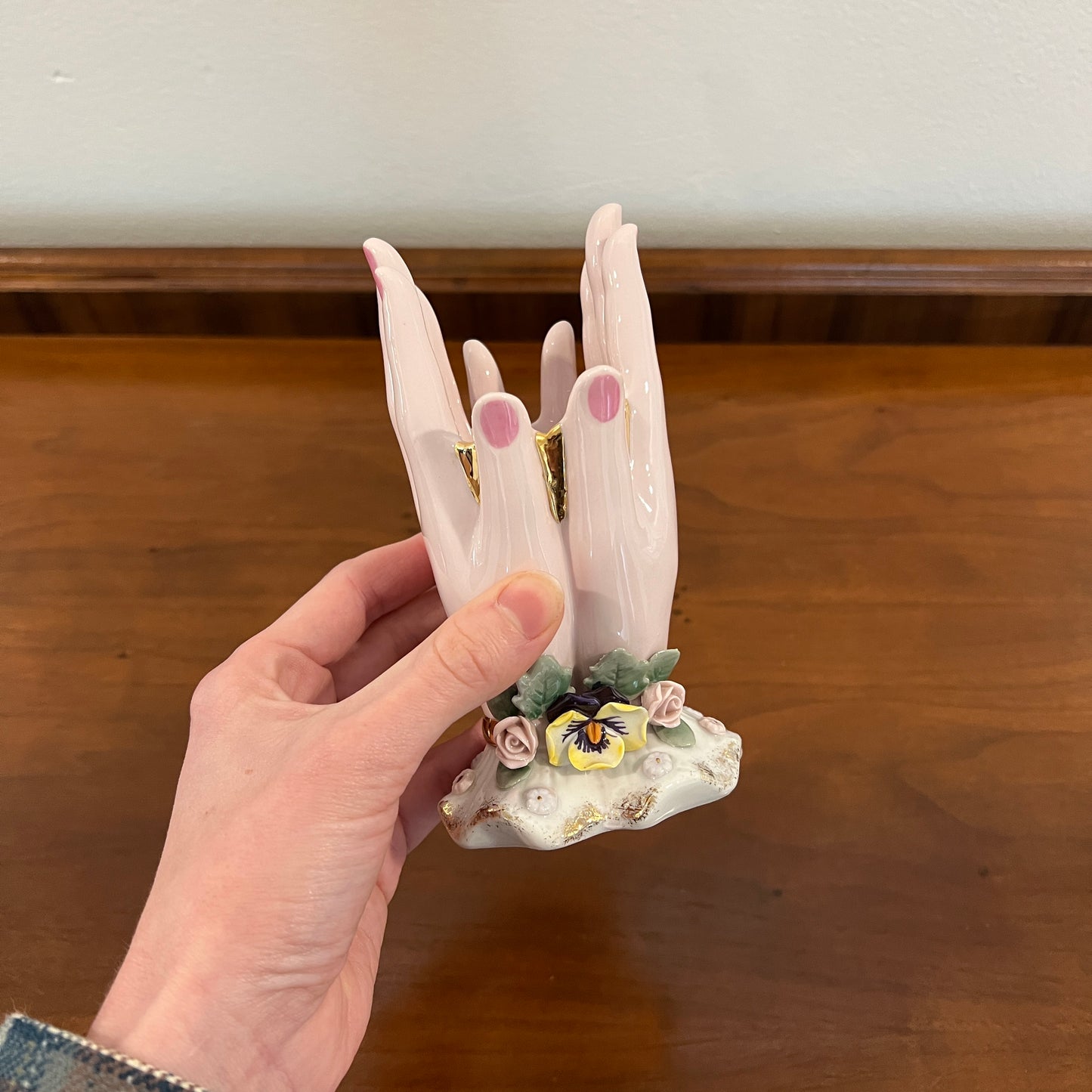 Vintage Lefton-Style Porcelain Lady's Hands 6" Bud Vase or Jewelry Holder