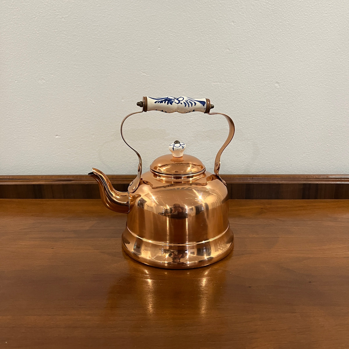 Vintage ODI Copper Tea Kettle with Delft Blue and White Porcelain Handle