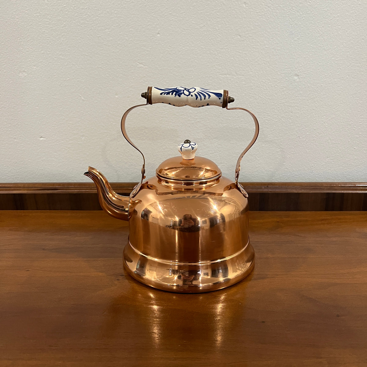 Vintage ODI Copper Tea Kettle with Delft Blue and White Porcelain Handle