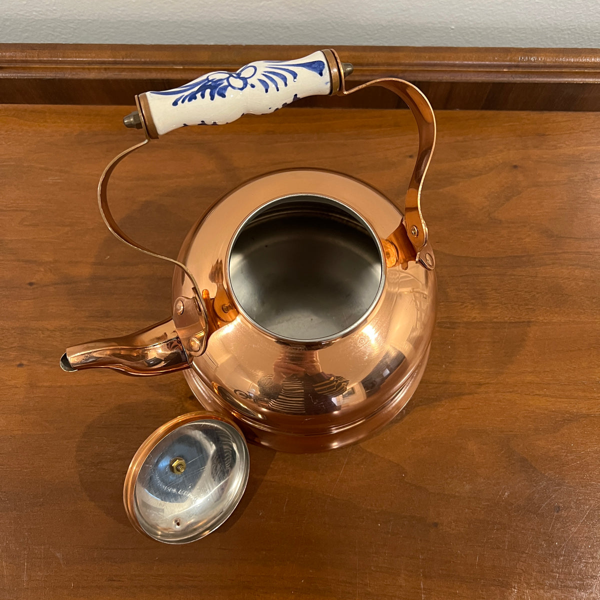 Vintage ODI Copper Tea Kettle with Delft Blue and White Porcelain Handle