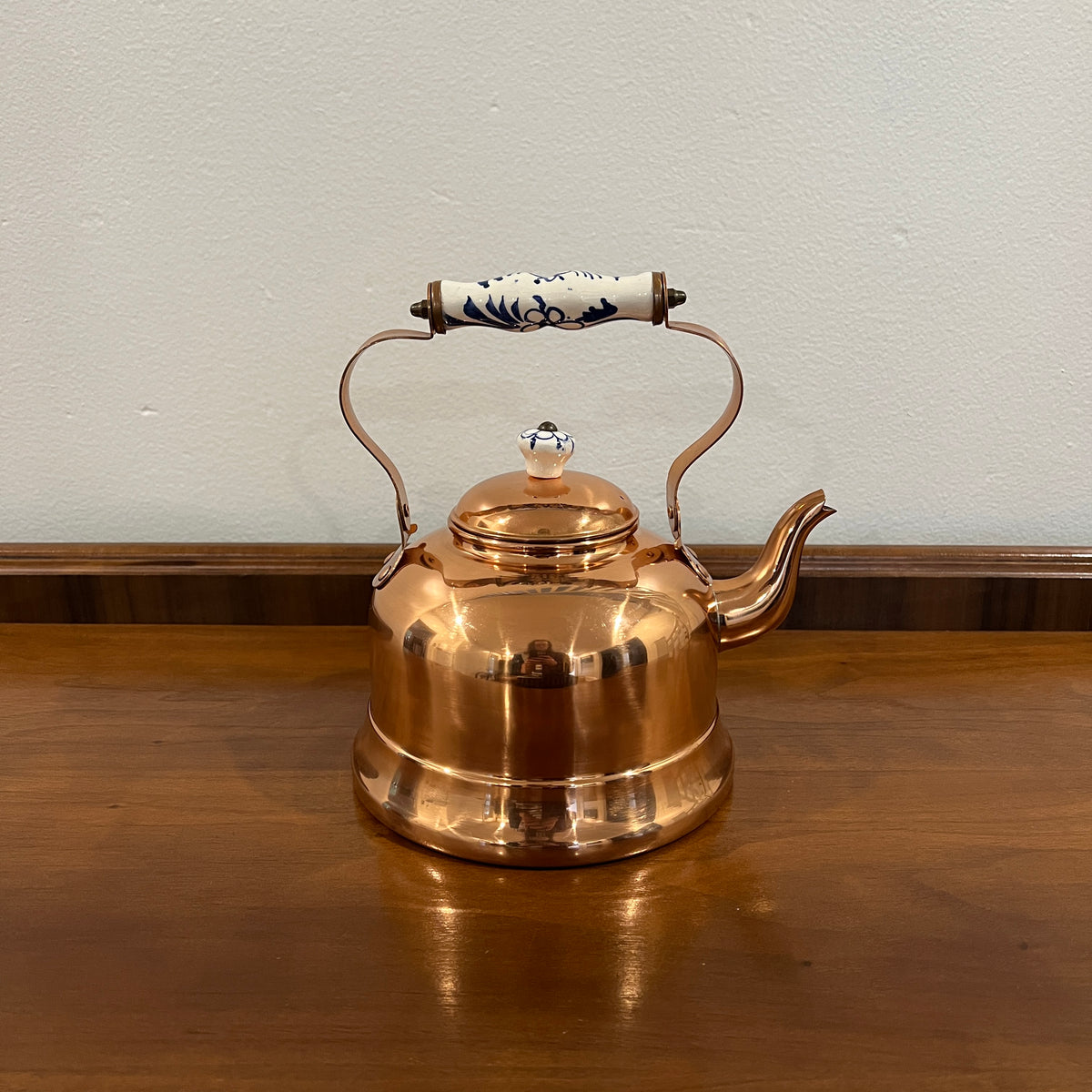 Vintage ODI Copper Tea Kettle with Delft Blue and White Porcelain Handle