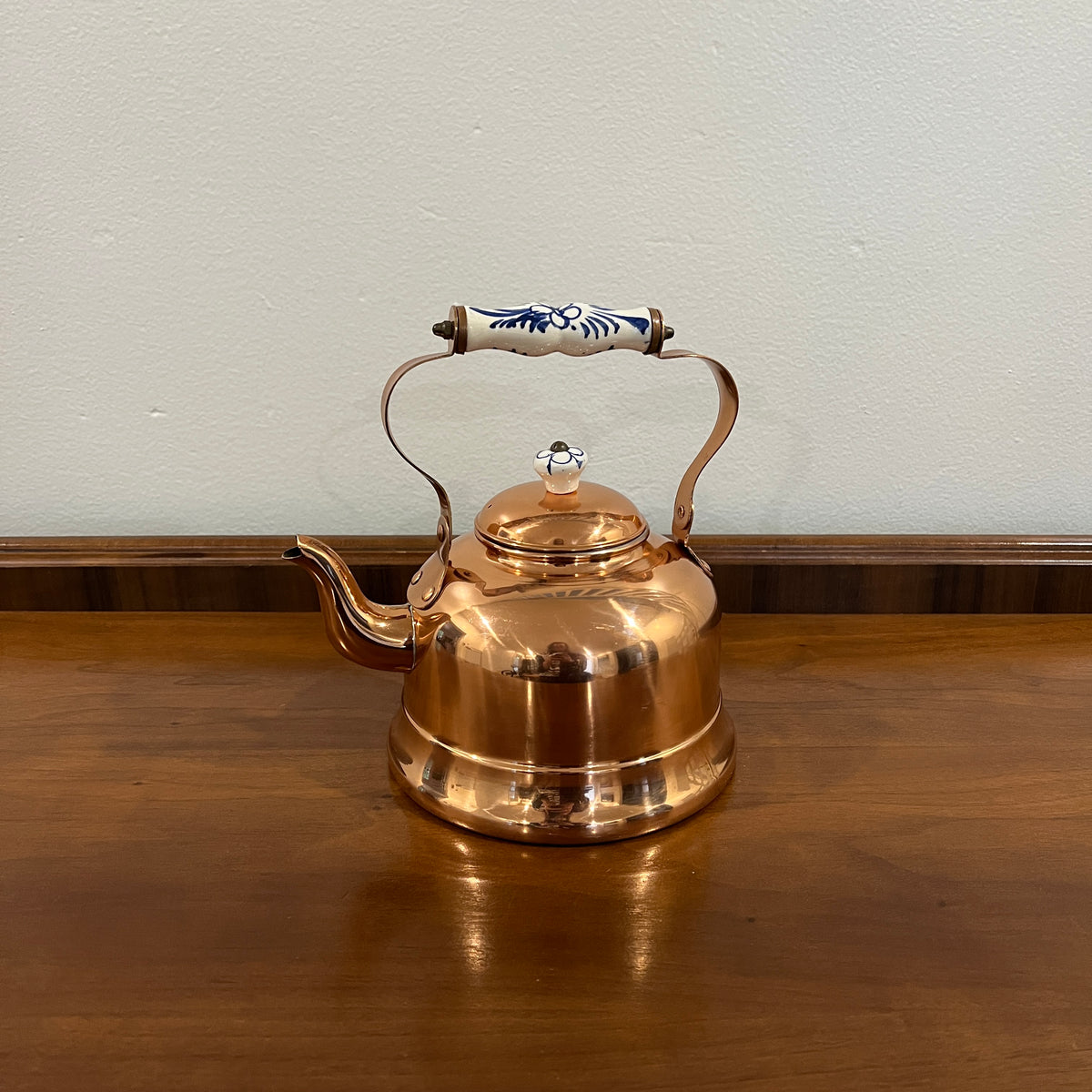 Vintage ODI Copper Tea Kettle with Delft Blue and White Porcelain Handle