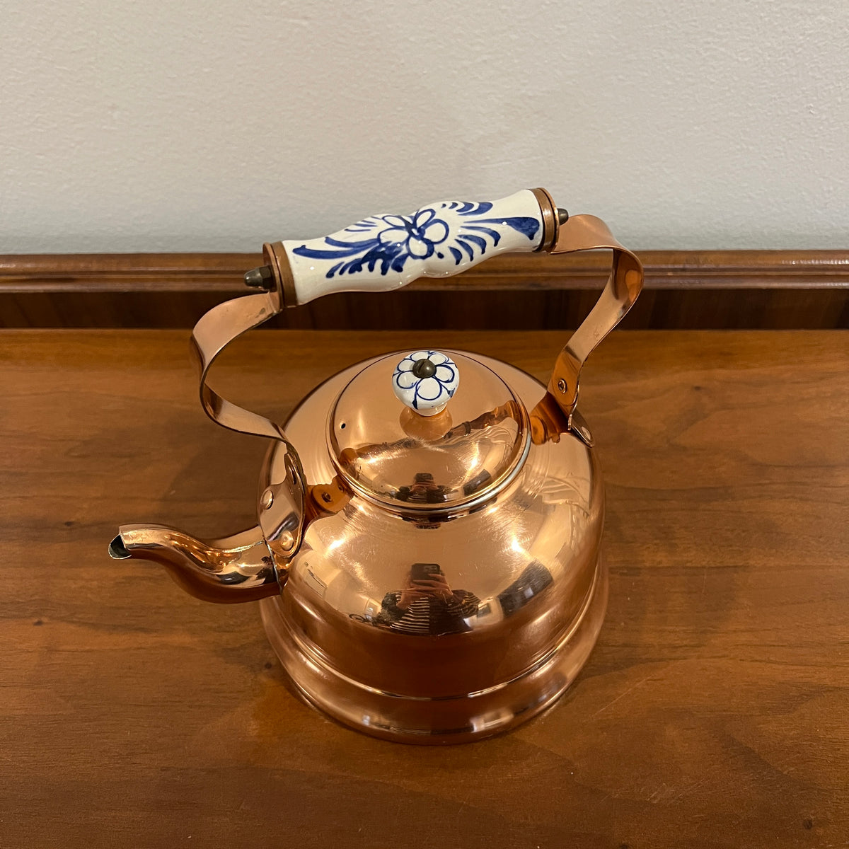 Vintage ODI Copper Tea Kettle with Delft Blue and White Porcelain Handle