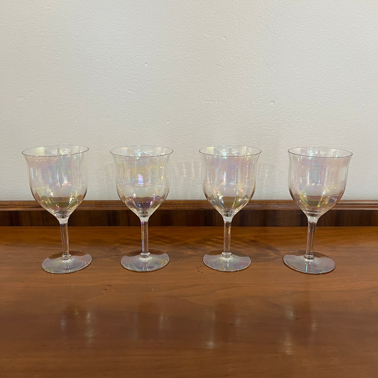 Set of 4 Vintage Fostoria Mother of Pearl Iridescent Crystal Water Goblets/Wine Glasses - Stem 858