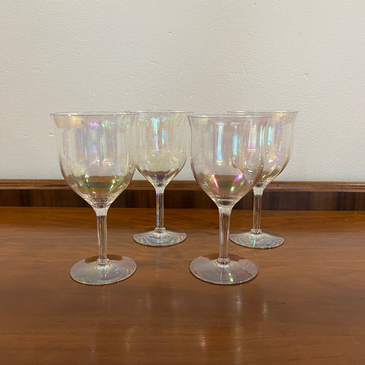 Set of 4 Vintage Fostoria Mother of Pearl Iridescent Crystal Water Goblets/Wine Glasses - Stem 858