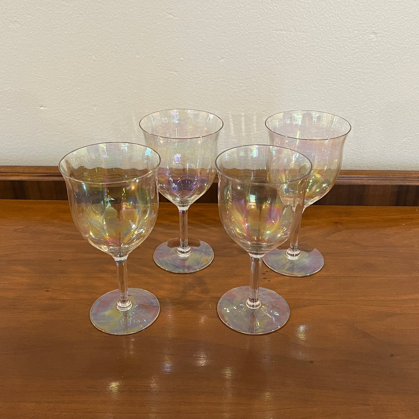 Set of 4 Vintage Fostoria Mother of Pearl Iridescent Crystal Water Goblets/Wine Glasses - Stem 858