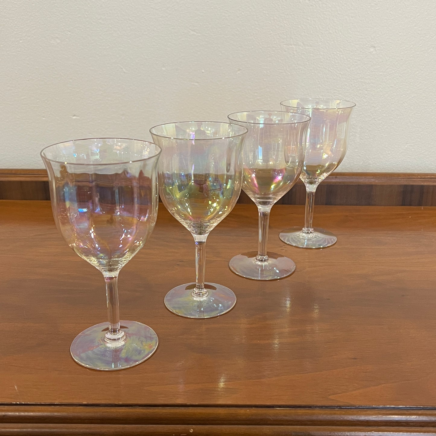 Set of 4 Vintage Fostoria Mother of Pearl Iridescent Crystal Water Goblets/Wine Glasses - Stem 858
