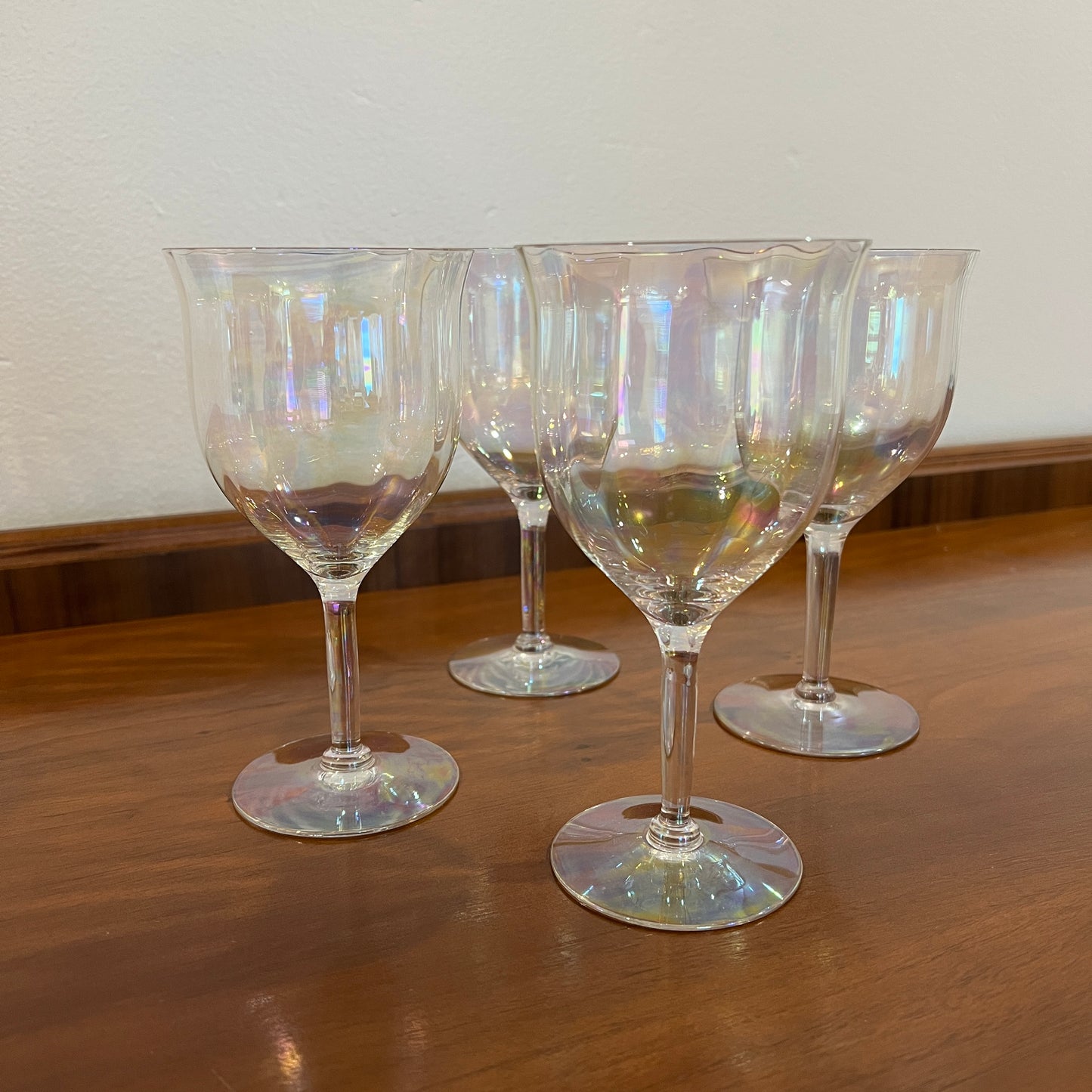 Set of 4 Vintage Fostoria Mother of Pearl Iridescent Crystal Water Goblets/Wine Glasses - Stem 858