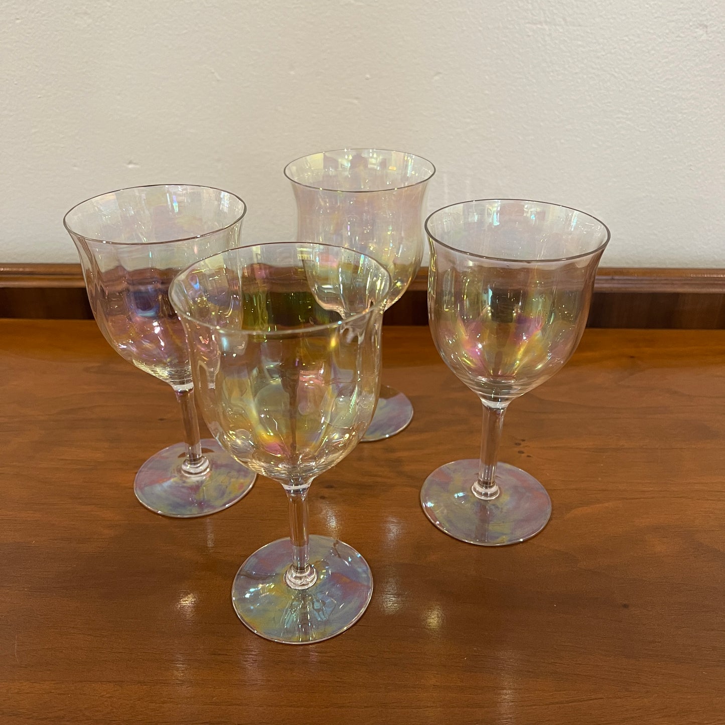 Set of 4 Vintage Fostoria Mother of Pearl Iridescent Crystal Water Goblets/Wine Glasses - Stem 858