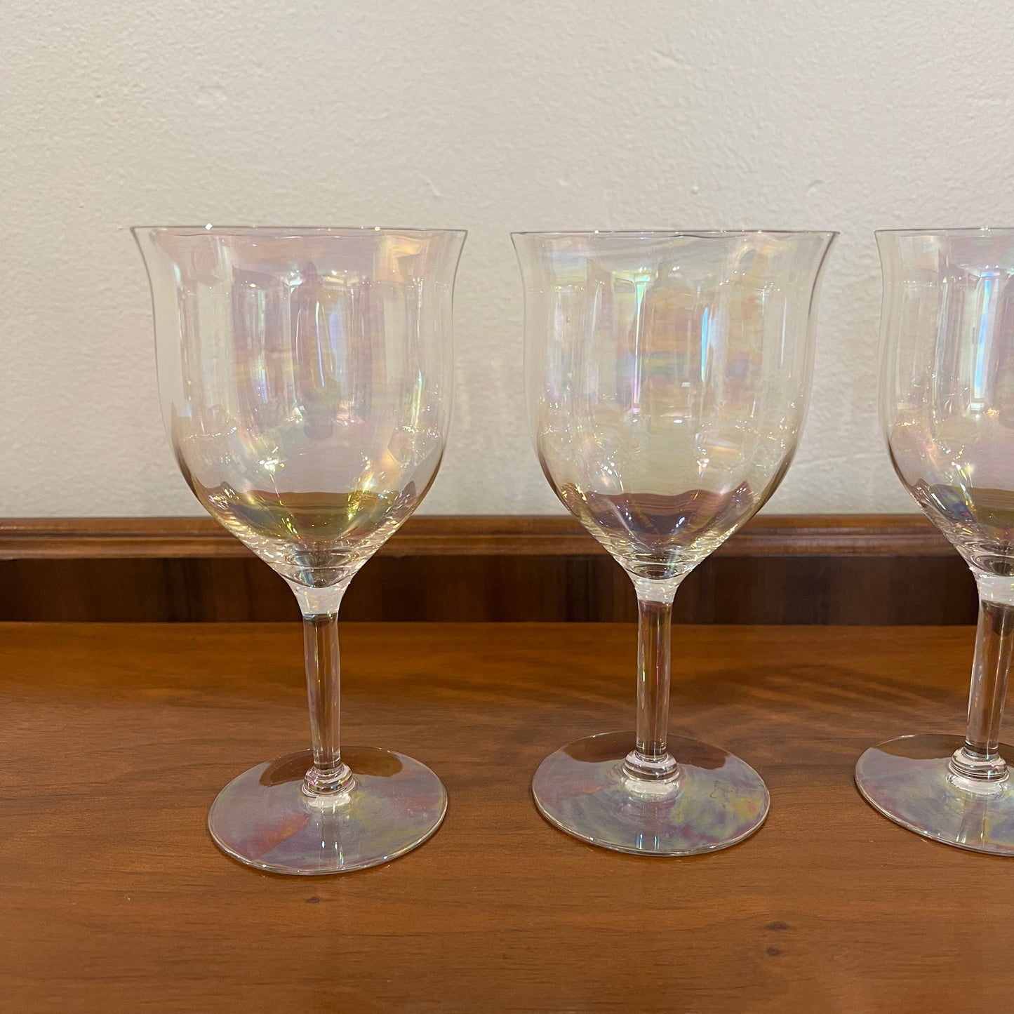 Set of 4 Vintage Fostoria Mother of Pearl Iridescent Crystal Water Goblets/Wine Glasses - Stem 858