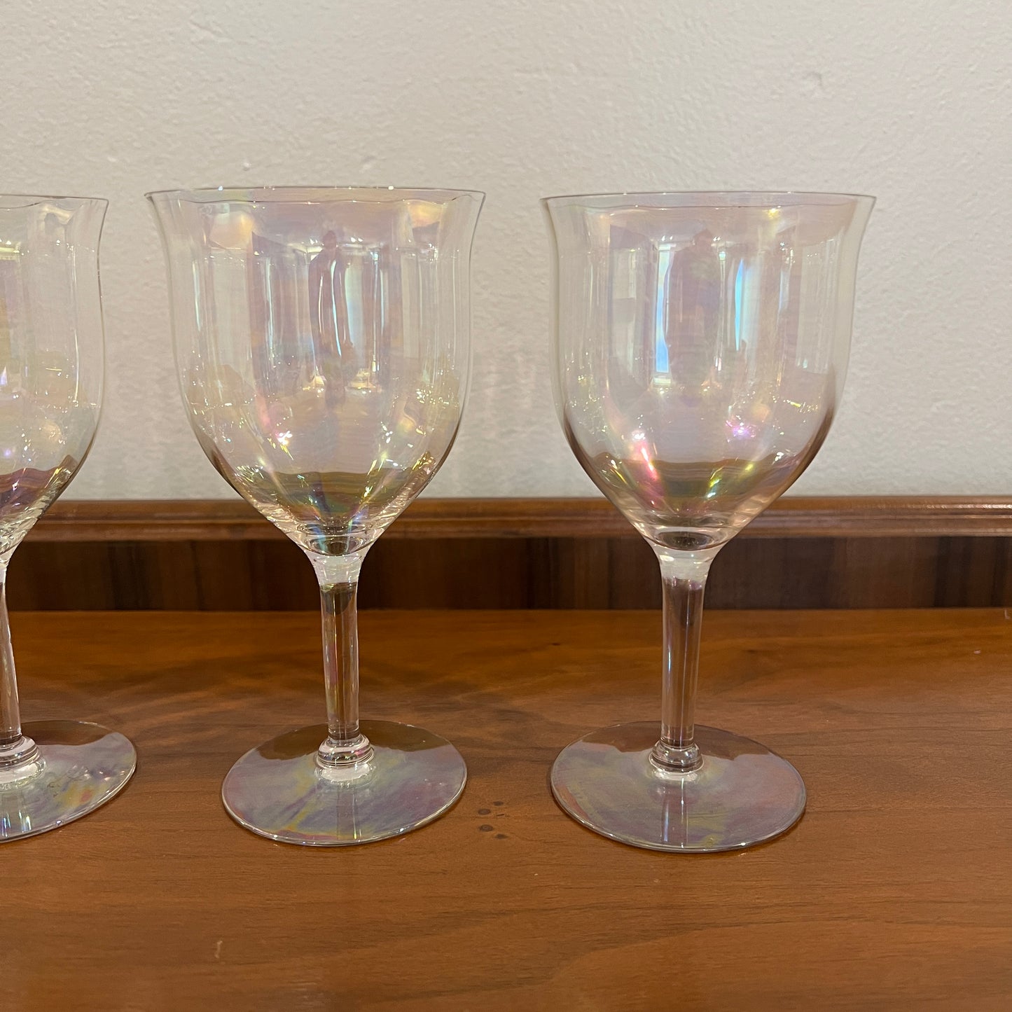 Set of 4 Vintage Fostoria Mother of Pearl Iridescent Crystal Water Goblets/Wine Glasses - Stem 858