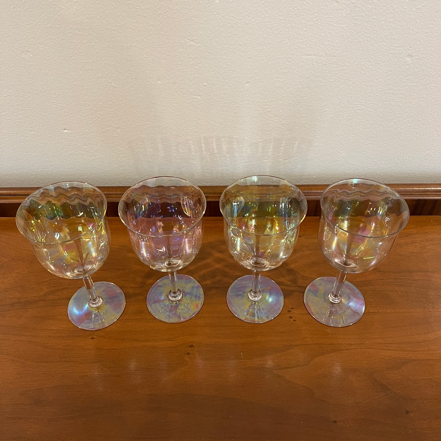 Set of 4 Vintage Fostoria Mother of Pearl Iridescent Crystal Water Goblets/Wine Glasses - Stem 858