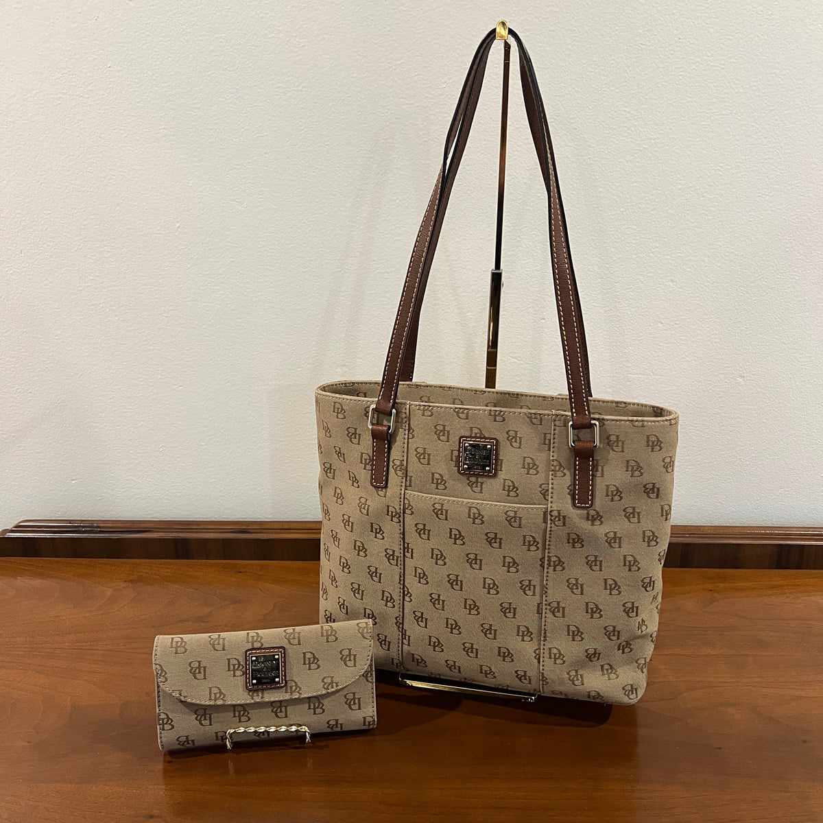 Vintage Y2K Dooney & Bourke Signature DB Monogram Canvas Small Lexington Tote and Continental Clutch